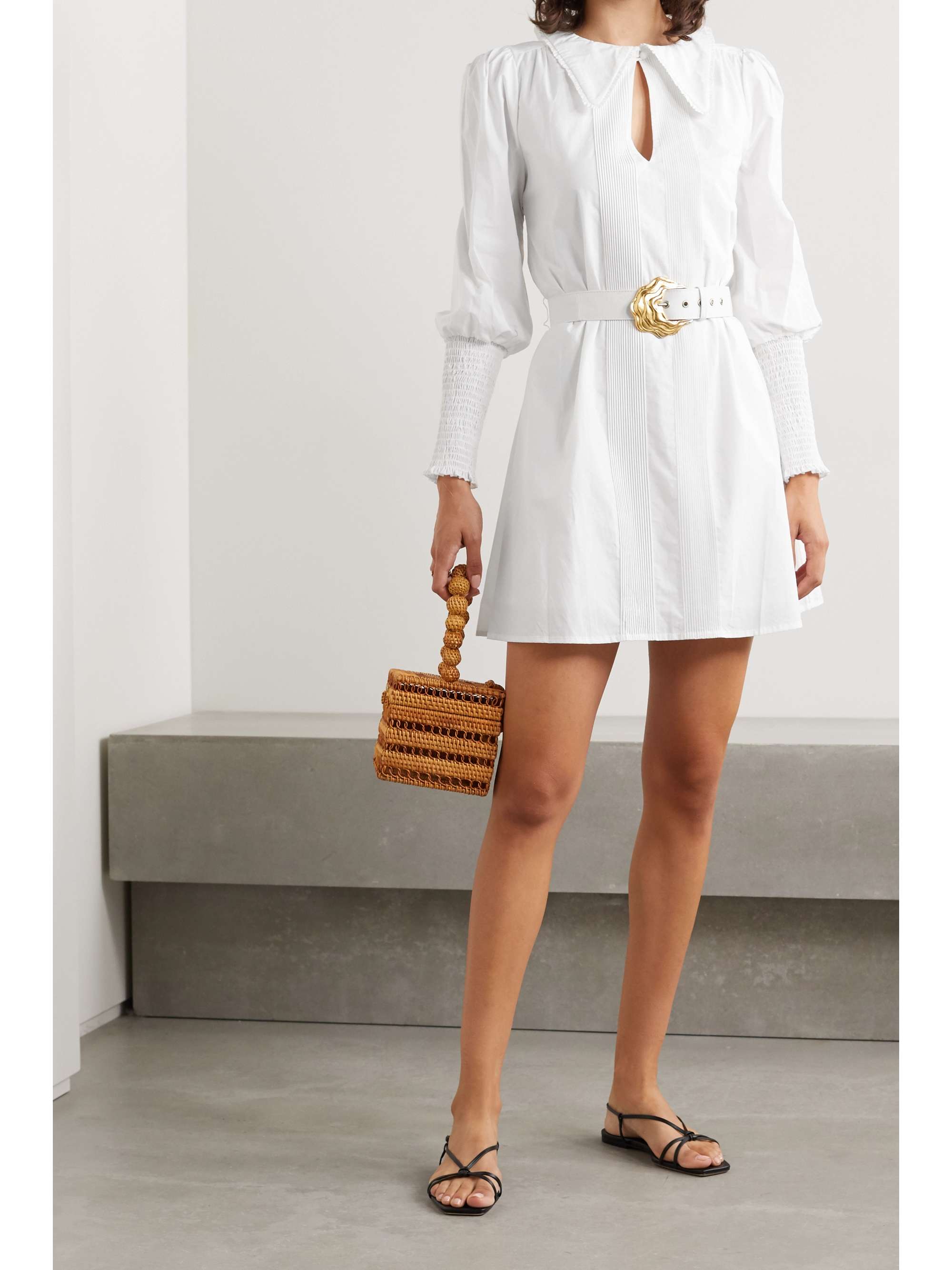 NICHOLAS Bella belted shirred cotton-poplin mini shirt dress