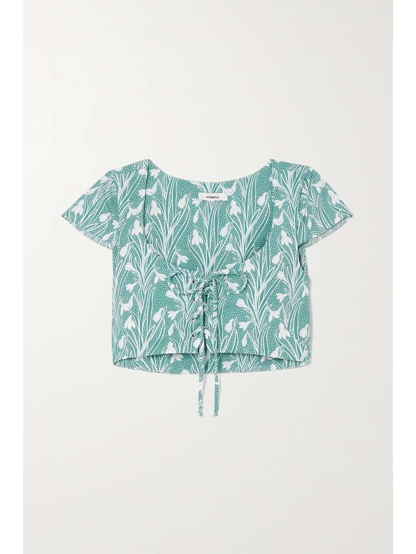 MIAOU + Net Sustain Arielle Cropped Lace-up Floral-print Stretch-crepe Top