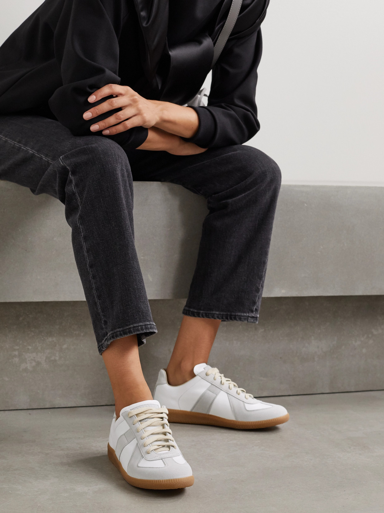 Shop Maison Margiela Replica Leather And Suede Sneakers In Off-white