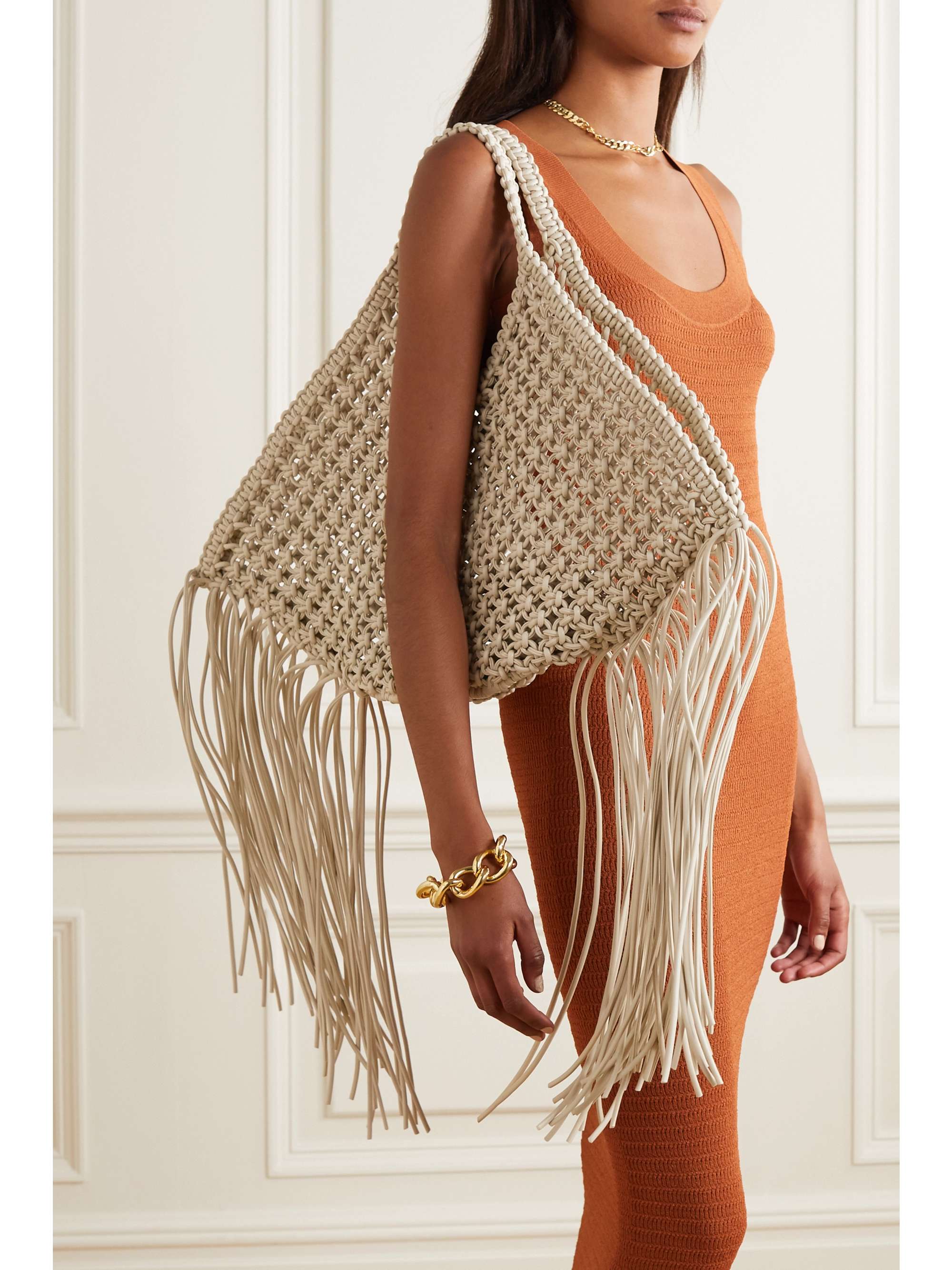 YUZEFI Basket large fringed woven leather tote