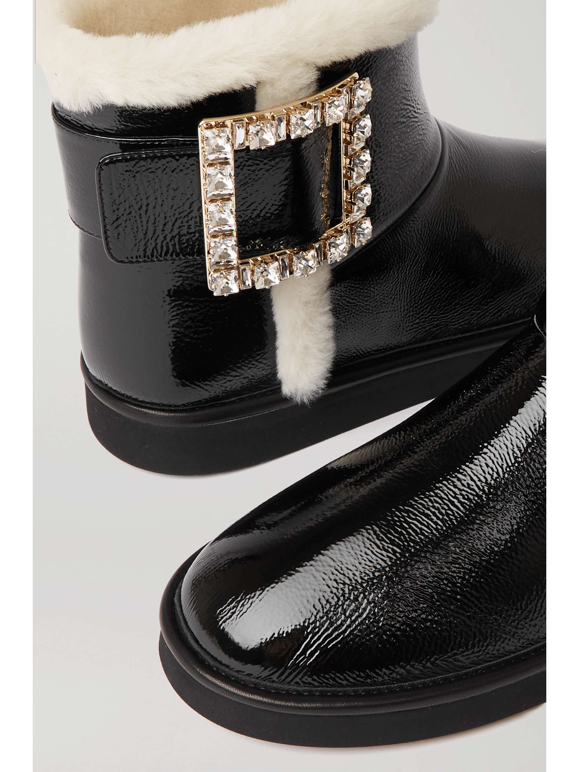 ROGER VIVIER Viv Snow crystal-embellished shearling-trimmed patent-leather ankle boots
