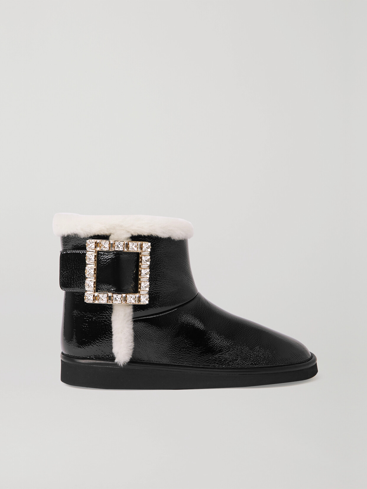 Roger Vivier Viv Snow Crystal-embellished Shearling-trimmed Patent-leather Ankle Boots In Black