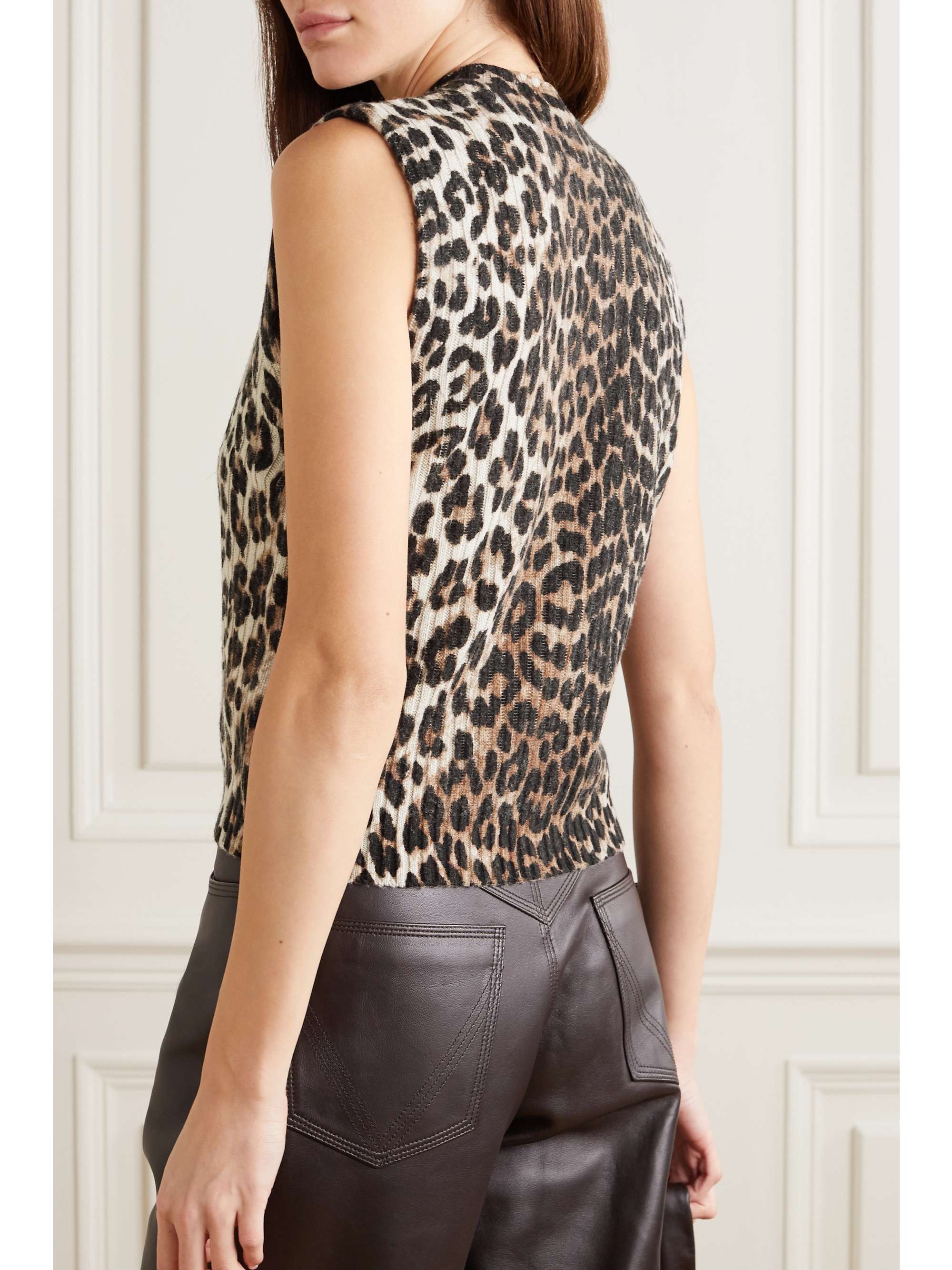 GANNI Crystal-embellished leopard-print wool and yak-blend top