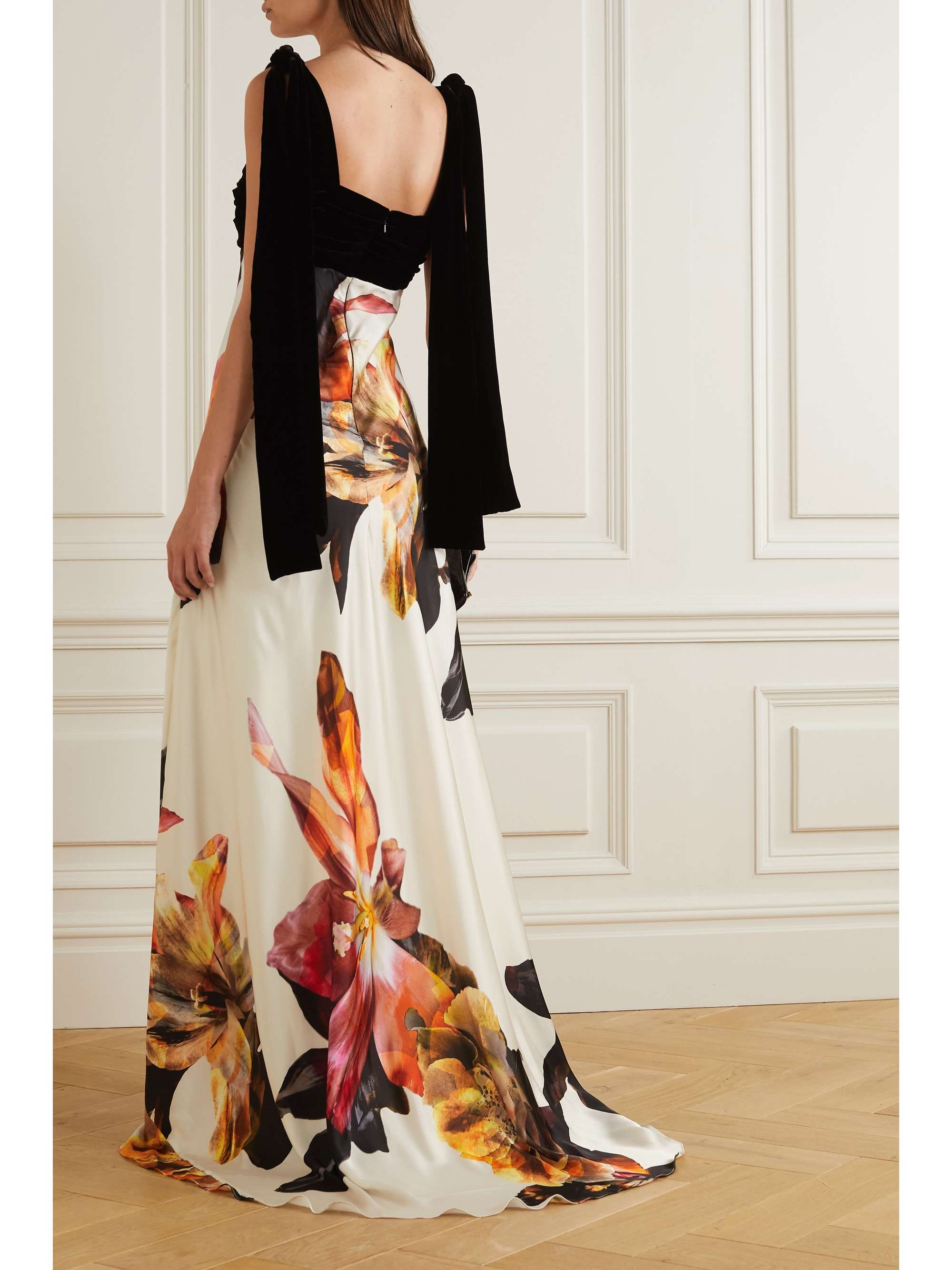 COSTARELLOS Dahlia tie-detailed cutout velvet and floral-print satin gown
