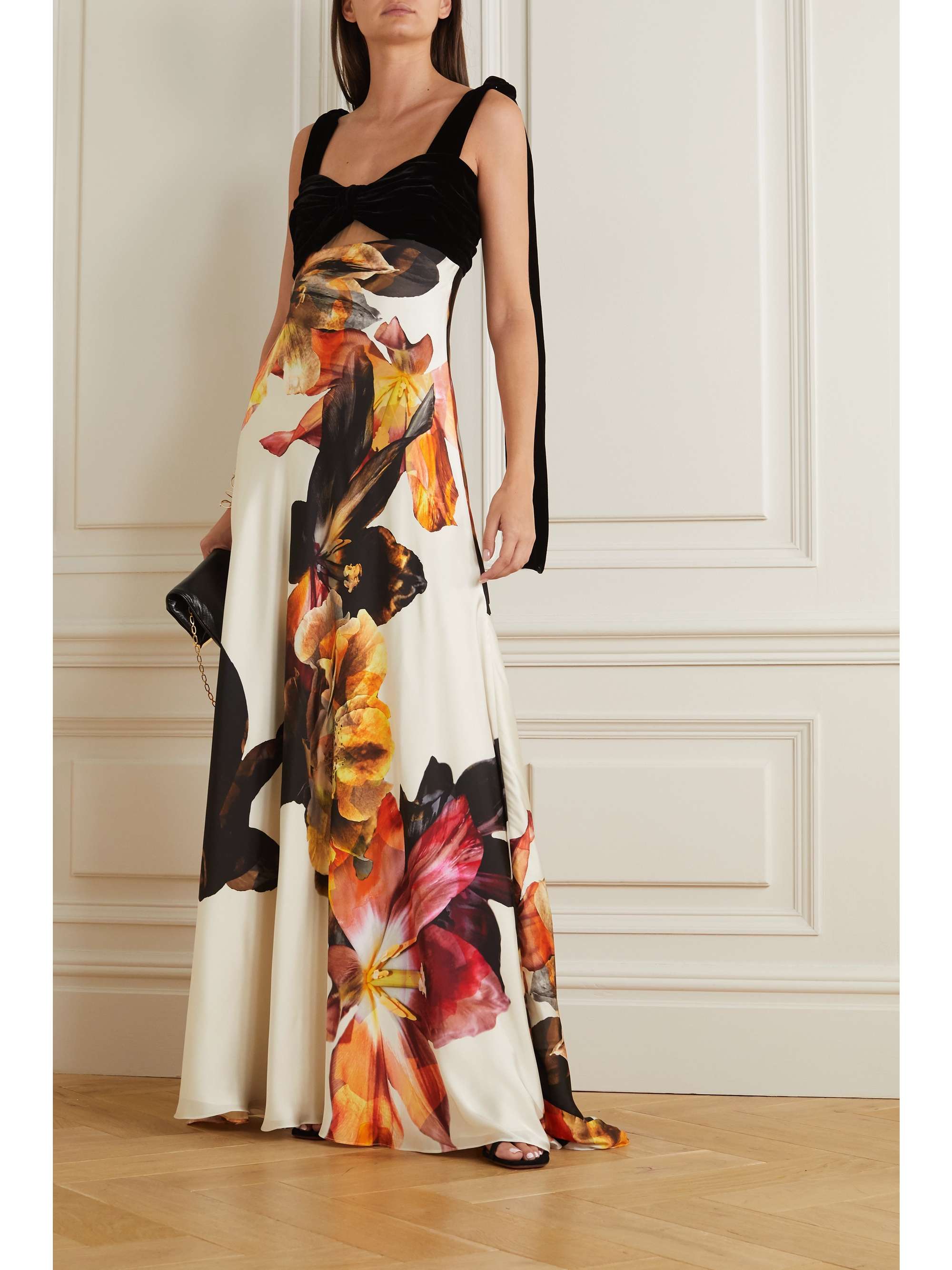 COSTARELLOS Dahlia tie-detailed cutout velvet and floral-print satin gown