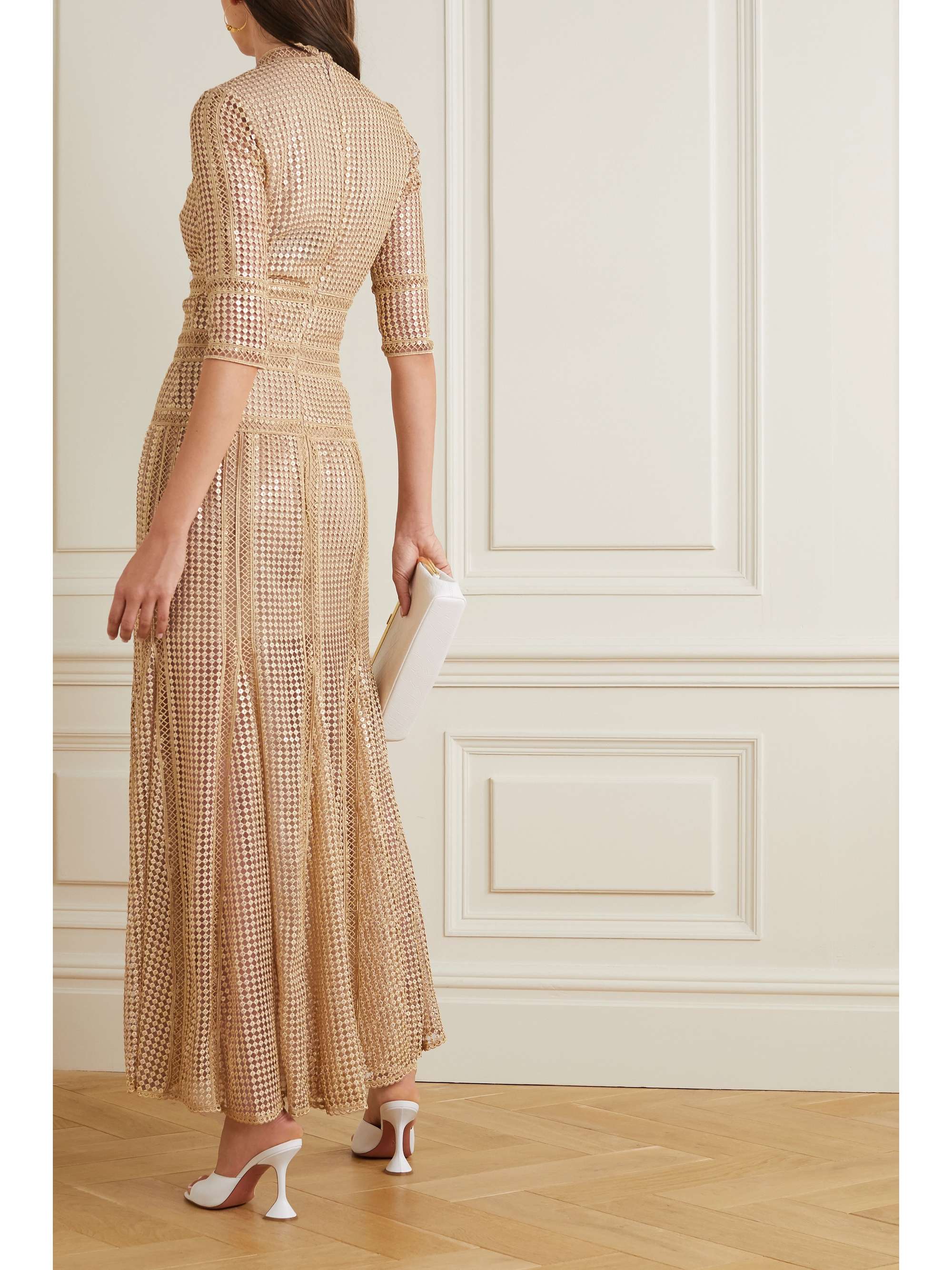 COSTARELLOS Trina sequined crocheted lace maxi dress