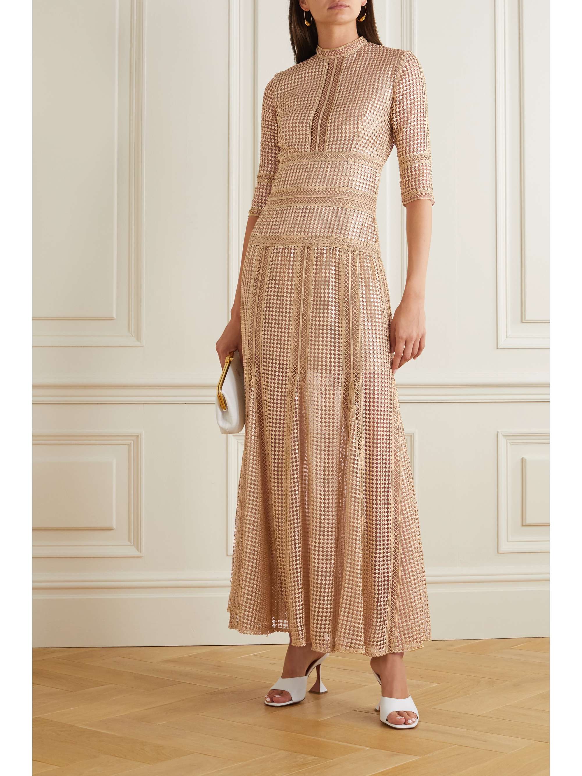 COSTARELLOS Trina sequined crocheted lace maxi dress