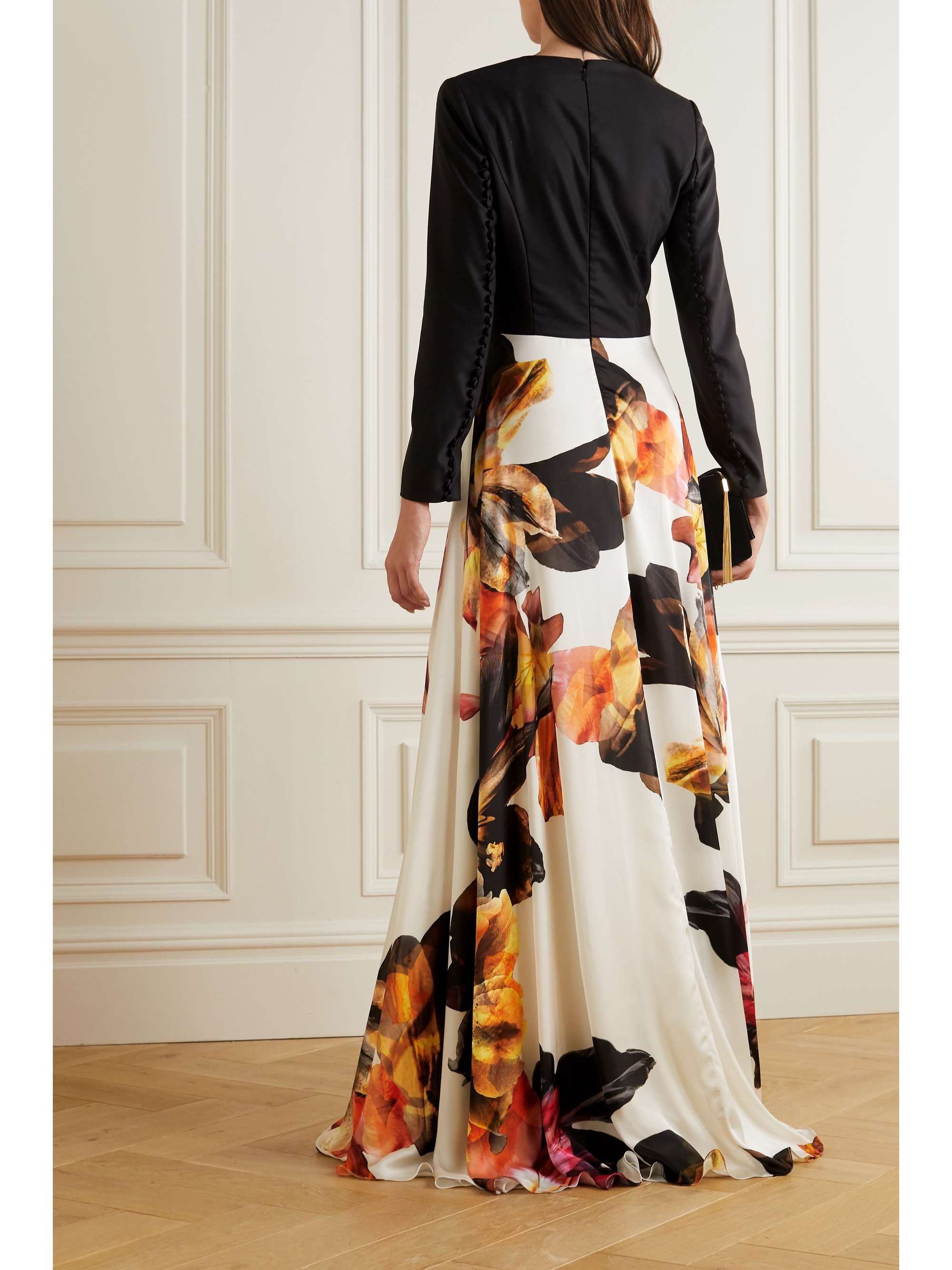 COSTARELLOS Elisha crepe and floral-print satin gown