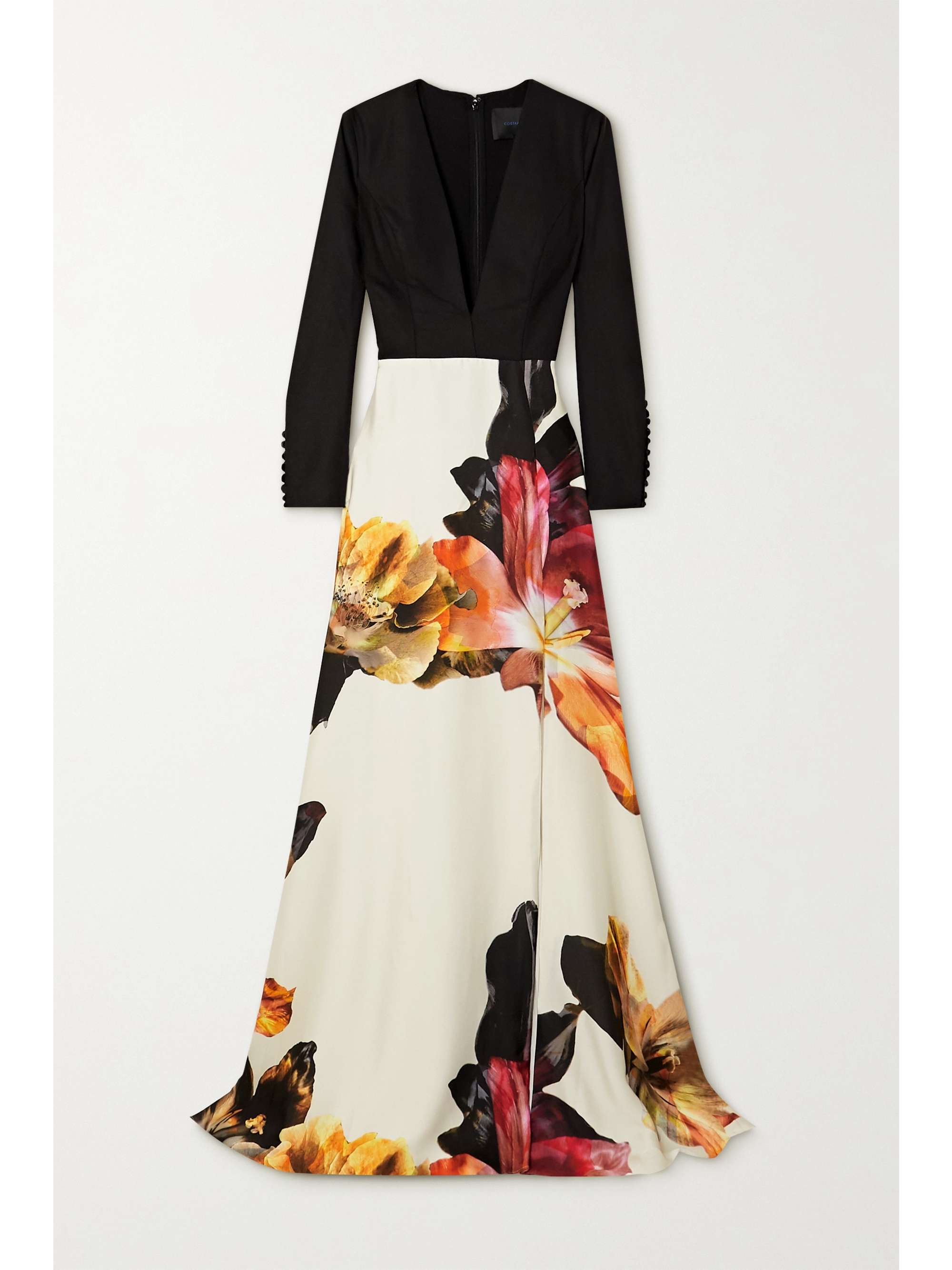 COSTARELLOS Elisha crepe and floral-print satin gown