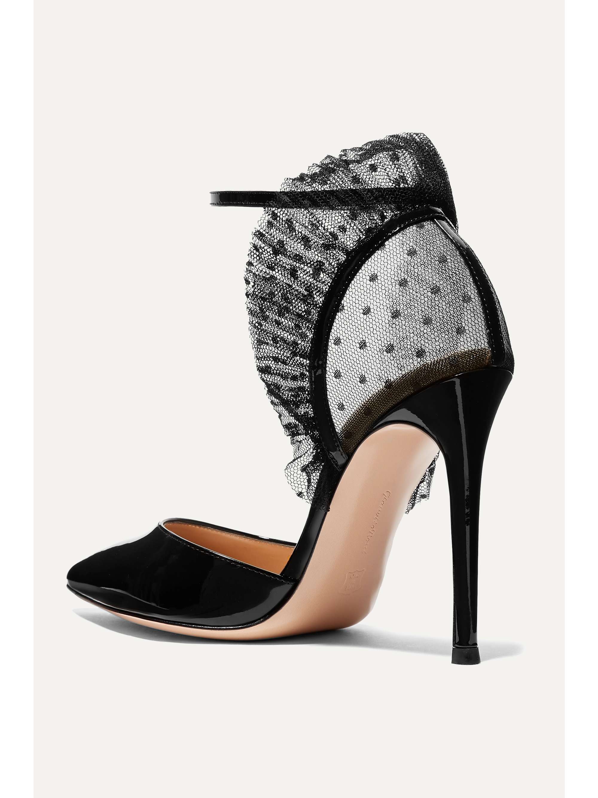 GIANVITO ROSSI 105 ruffled point d'esprit tulle and patent-leather pumps