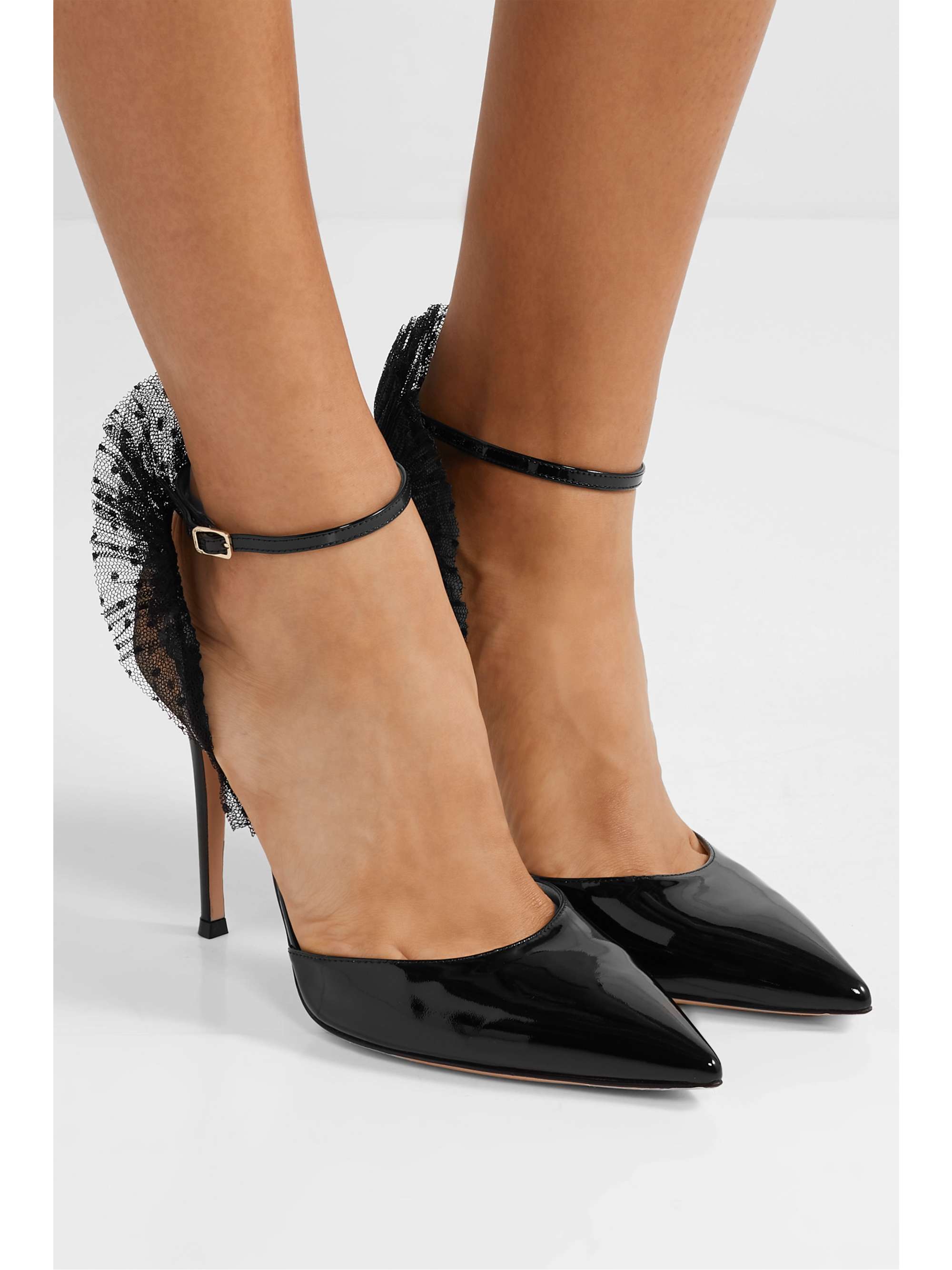 GIANVITO ROSSI 105 ruffled point d'esprit tulle and patent-leather pumps