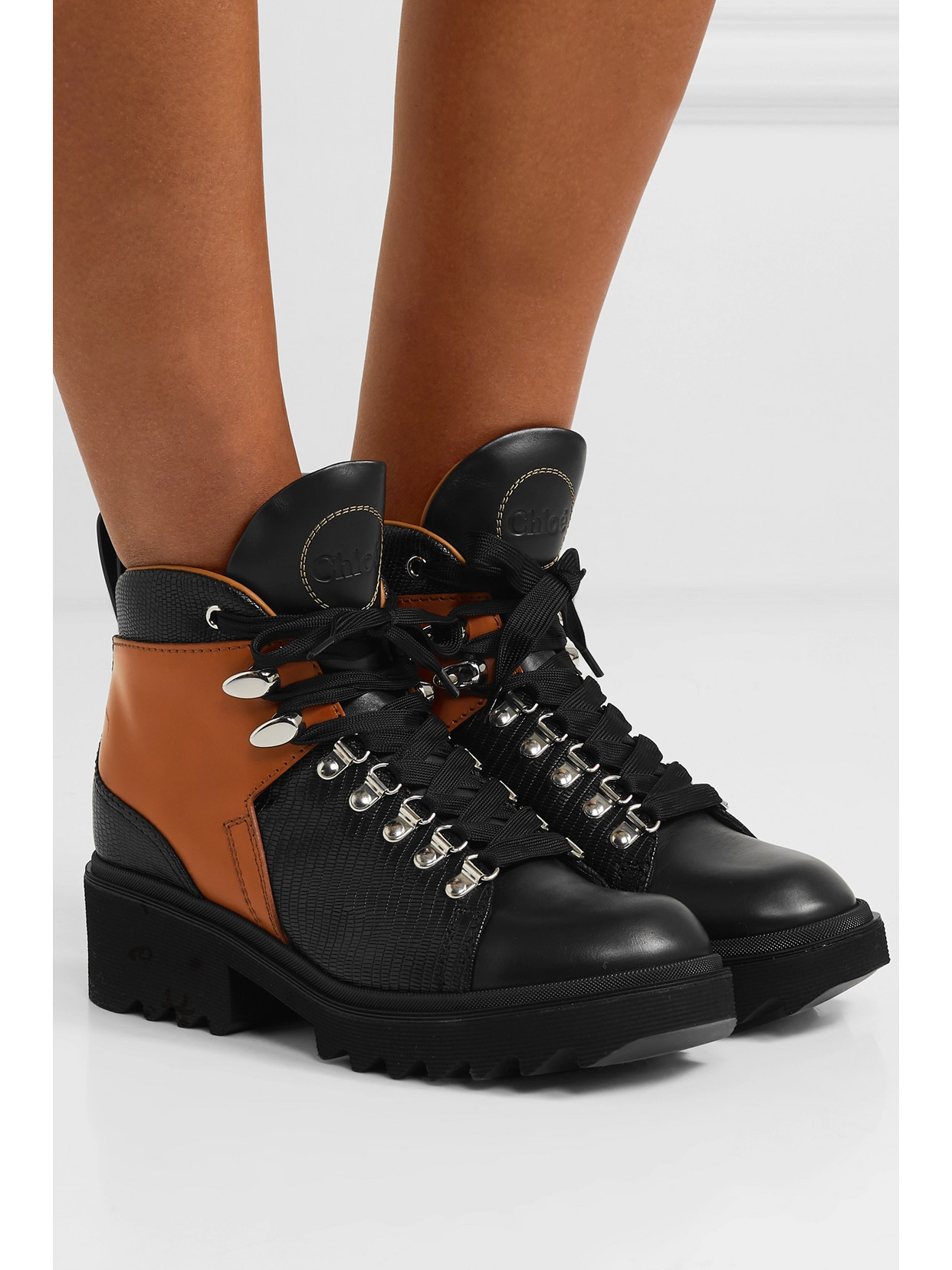 Chloé - Bella Paneled Lizard-Effect Ankle Boots