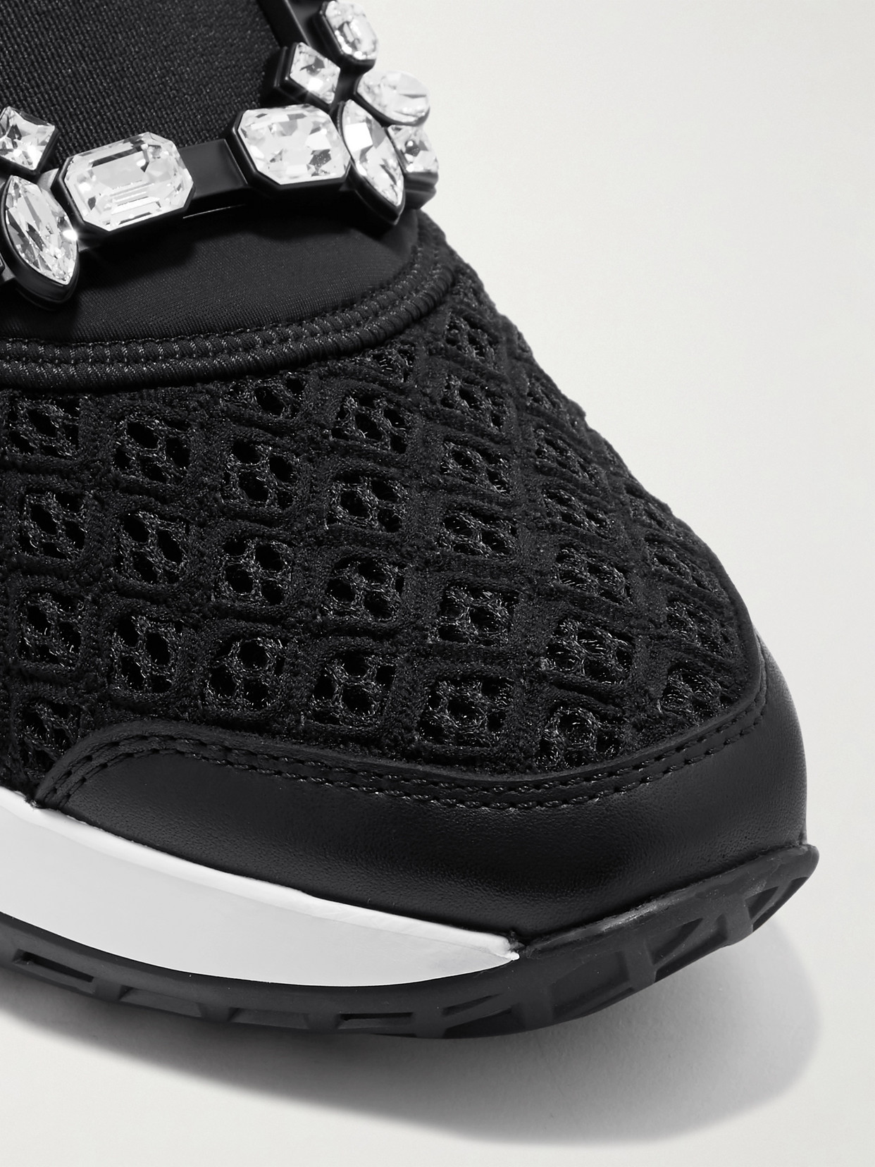 Shop Roger Vivier Viv Run Crystal-embellished Stretch, Mesh And Leather Sneakers In Black