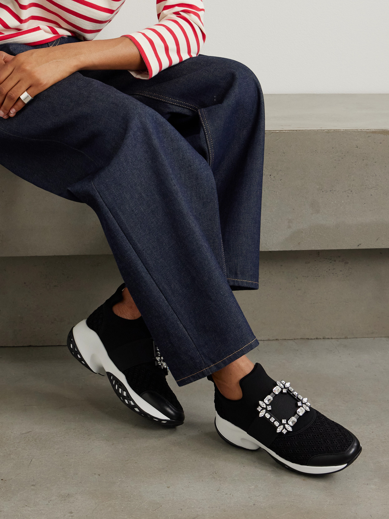 Roger Vivier Roger Viv Mesh Crystal Embellished Slip On Sneakers In Black Nylon In Black