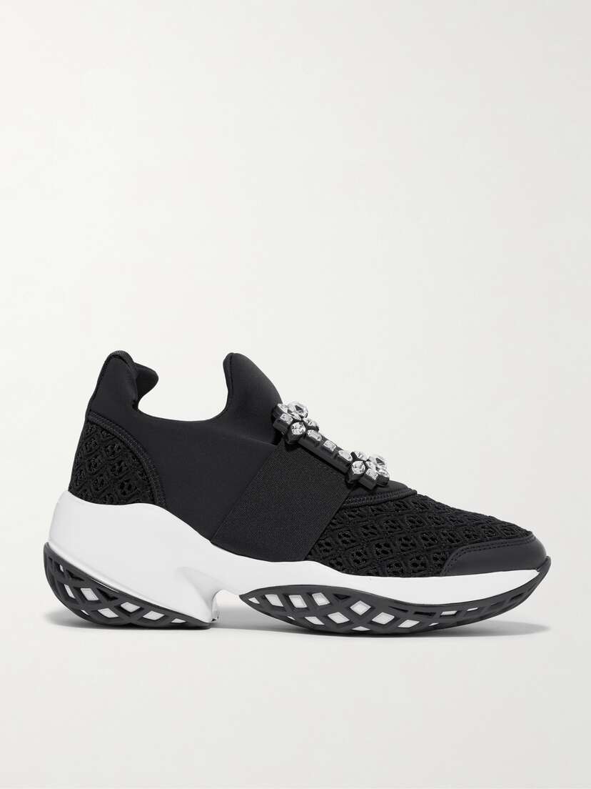 Roger Vivier Viv Run Crystal-embellished Stretch, Mesh And Leather Sneakers