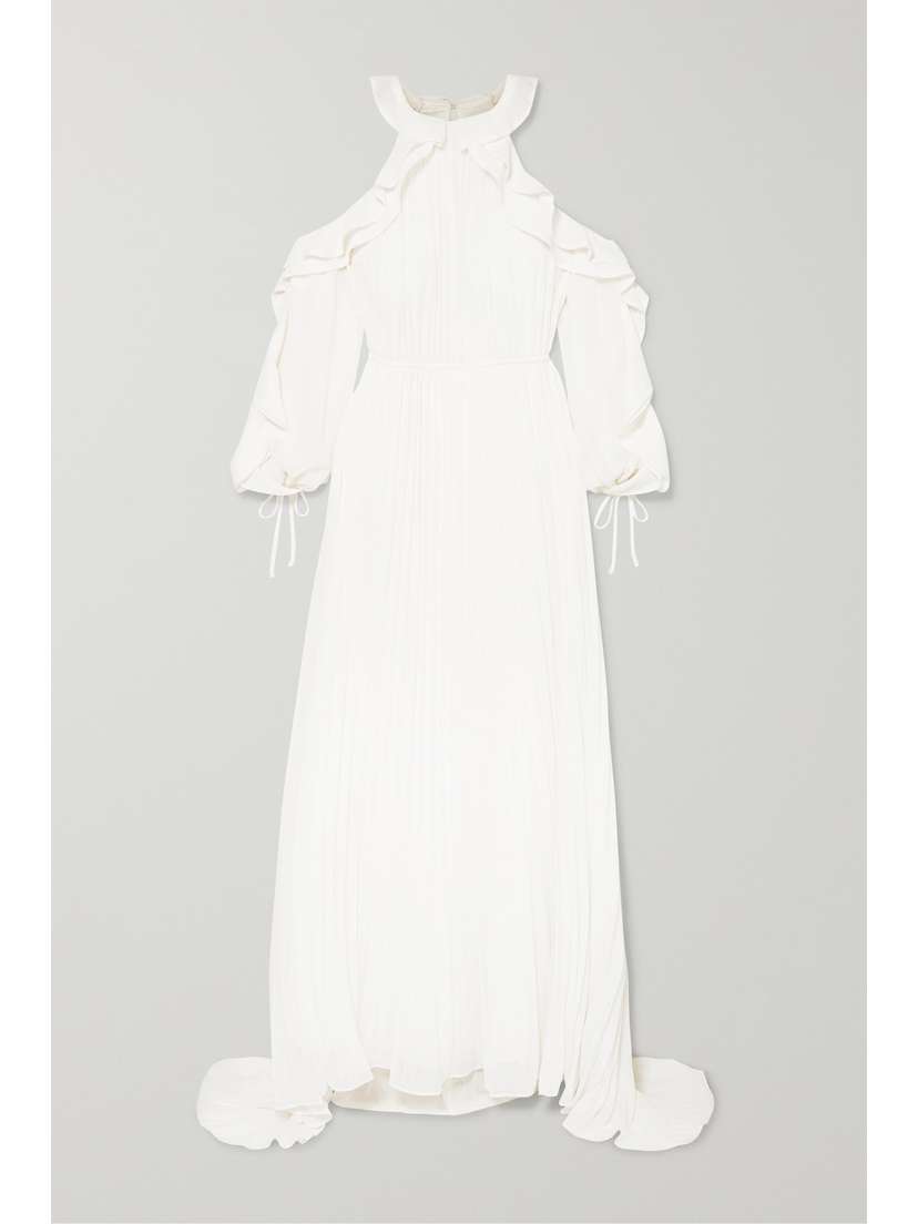 Self-Portrait Cold-shoulder Ruffled Pleated Chiffon Gown