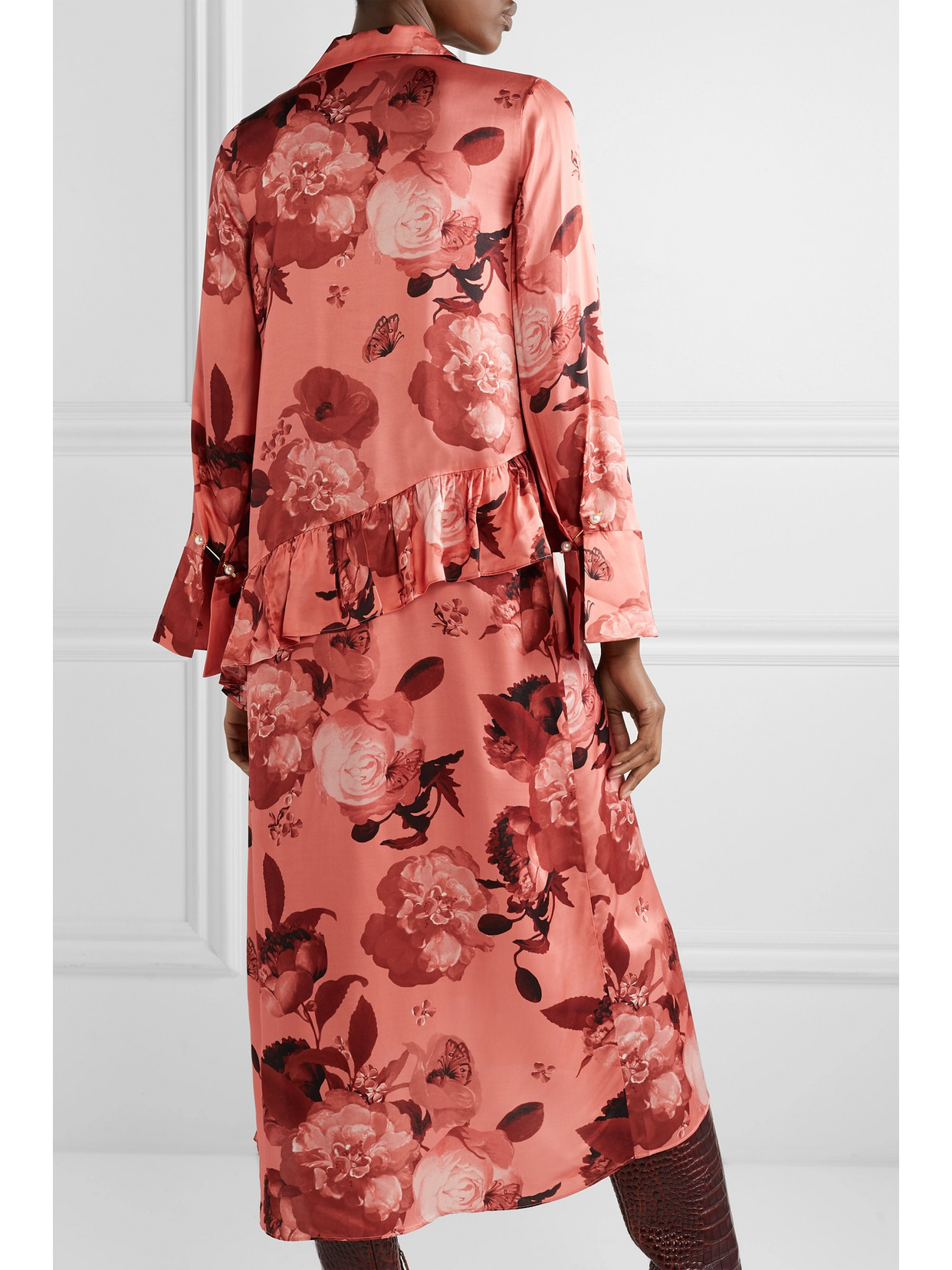 Mother Of Pearl Ruffled Floral-print Satin Midi Dress In Pink