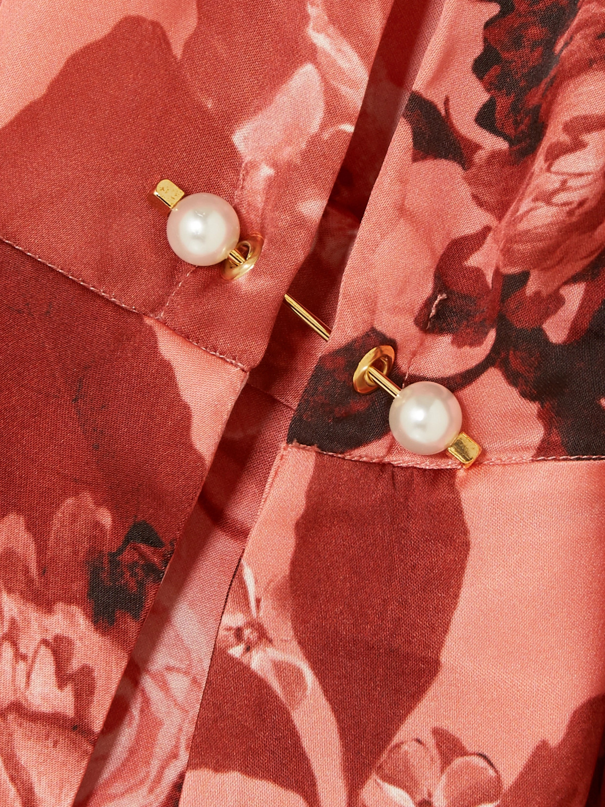 Mother Of Pearl Ruffled Floral-print Satin Midi Dress In Pink