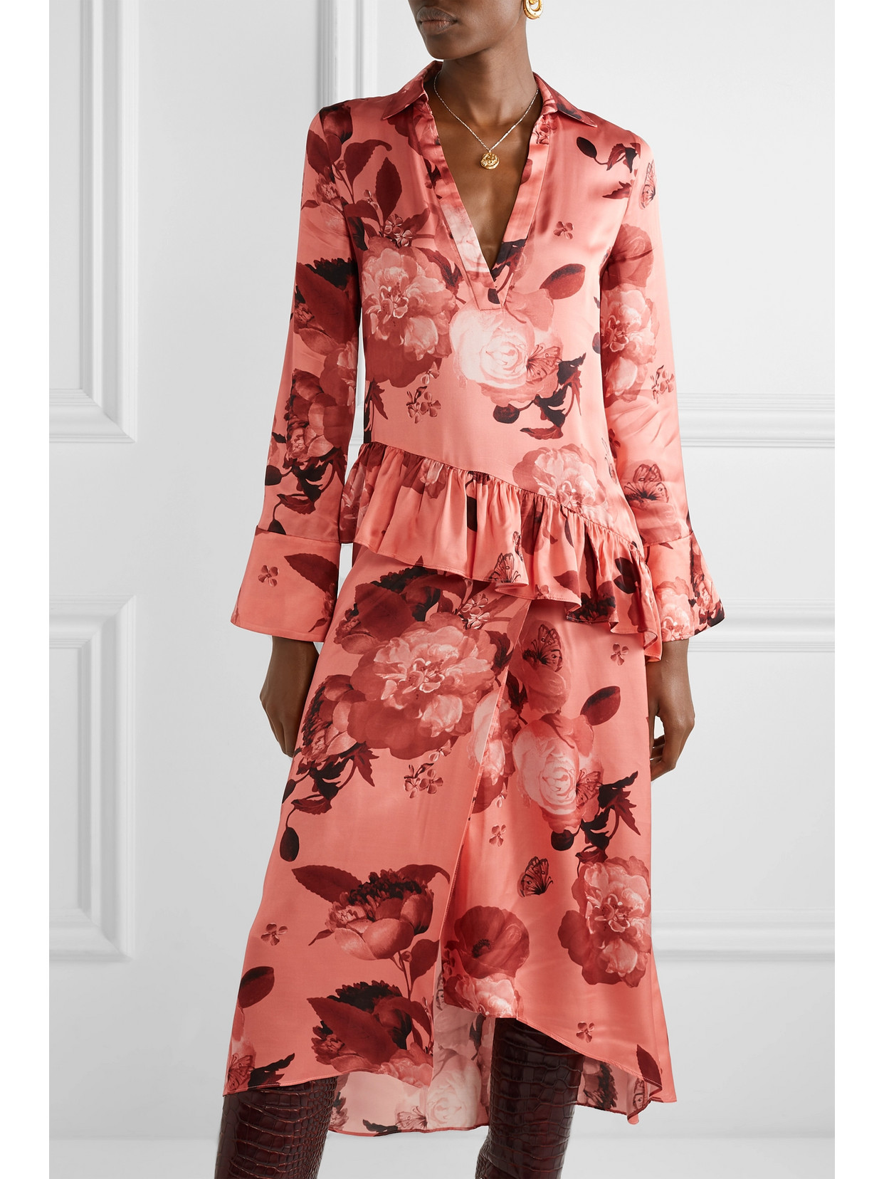 Mother Of Pearl Ruffled Floral-print Satin Midi Dress In Pink