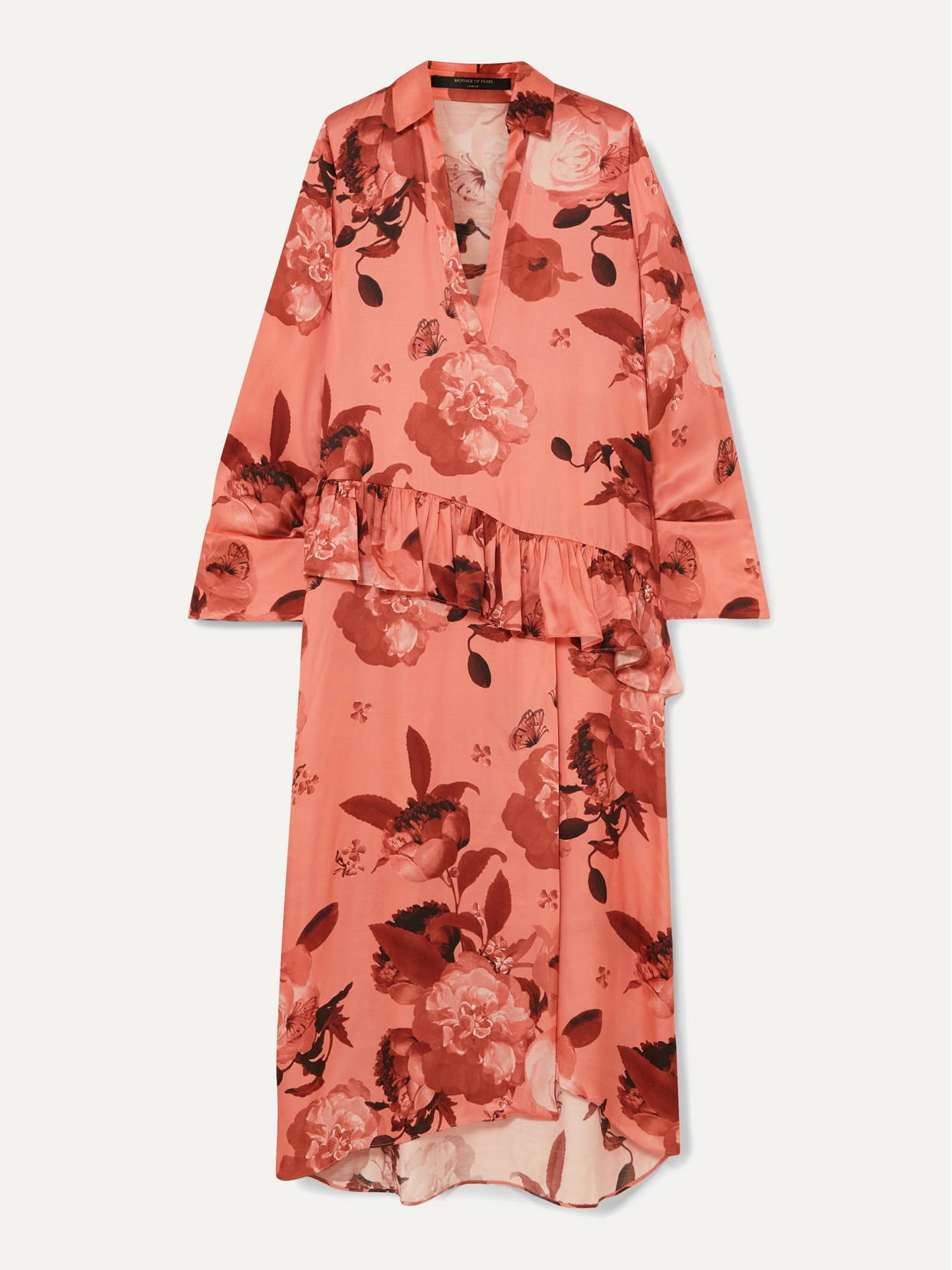 Mother Of Pearl Ruffled Floral-print Satin Midi Dress In Pink