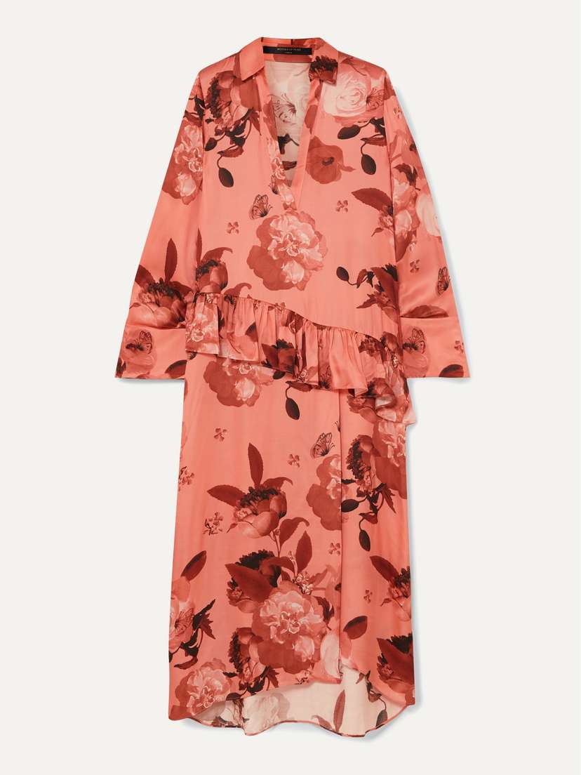 Mother of Pearl Ruffled Floral-print Satin Midi Dress