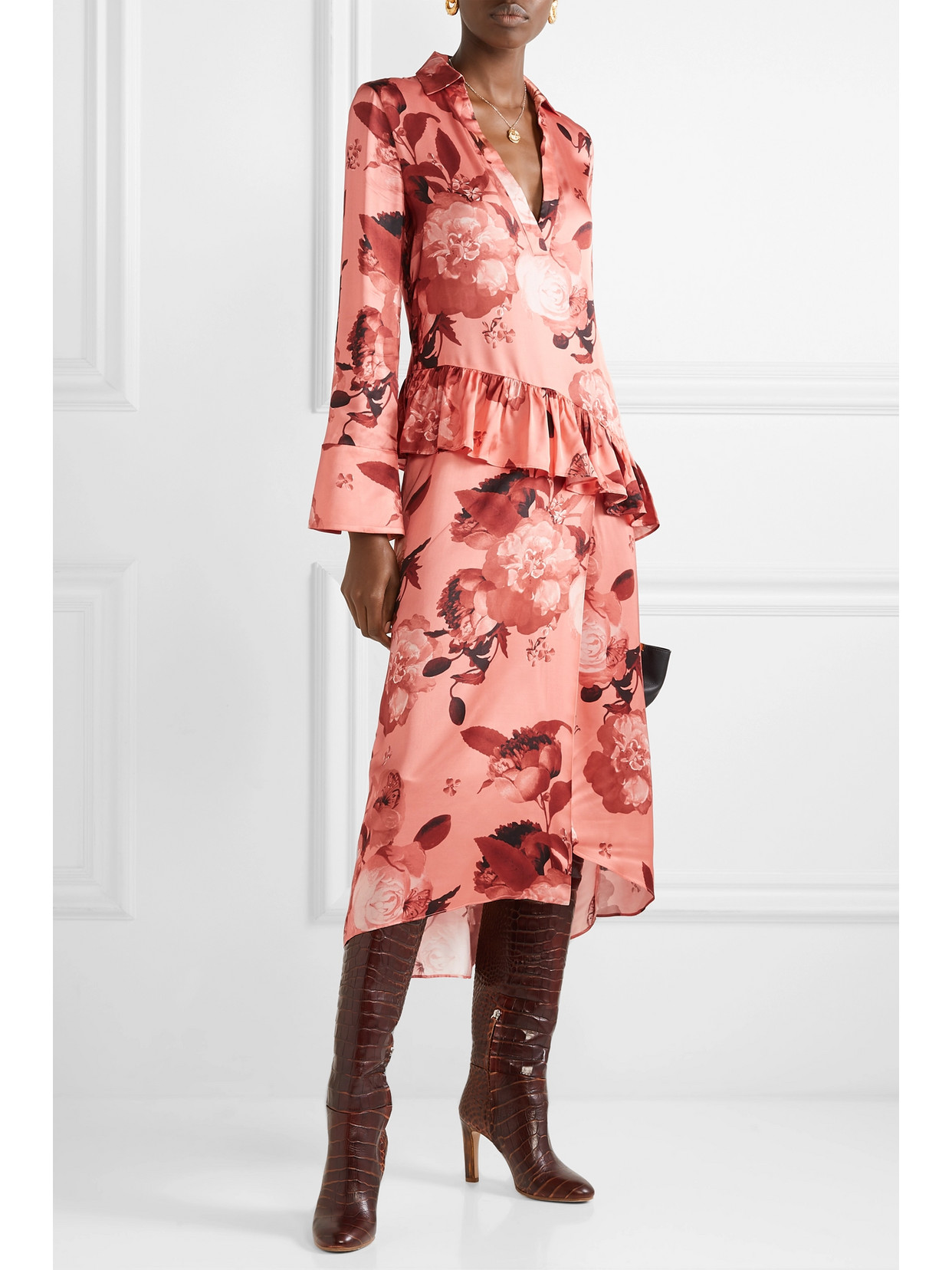 Mother Of Pearl Ruffled Floral-print Satin Midi Dress In Pink