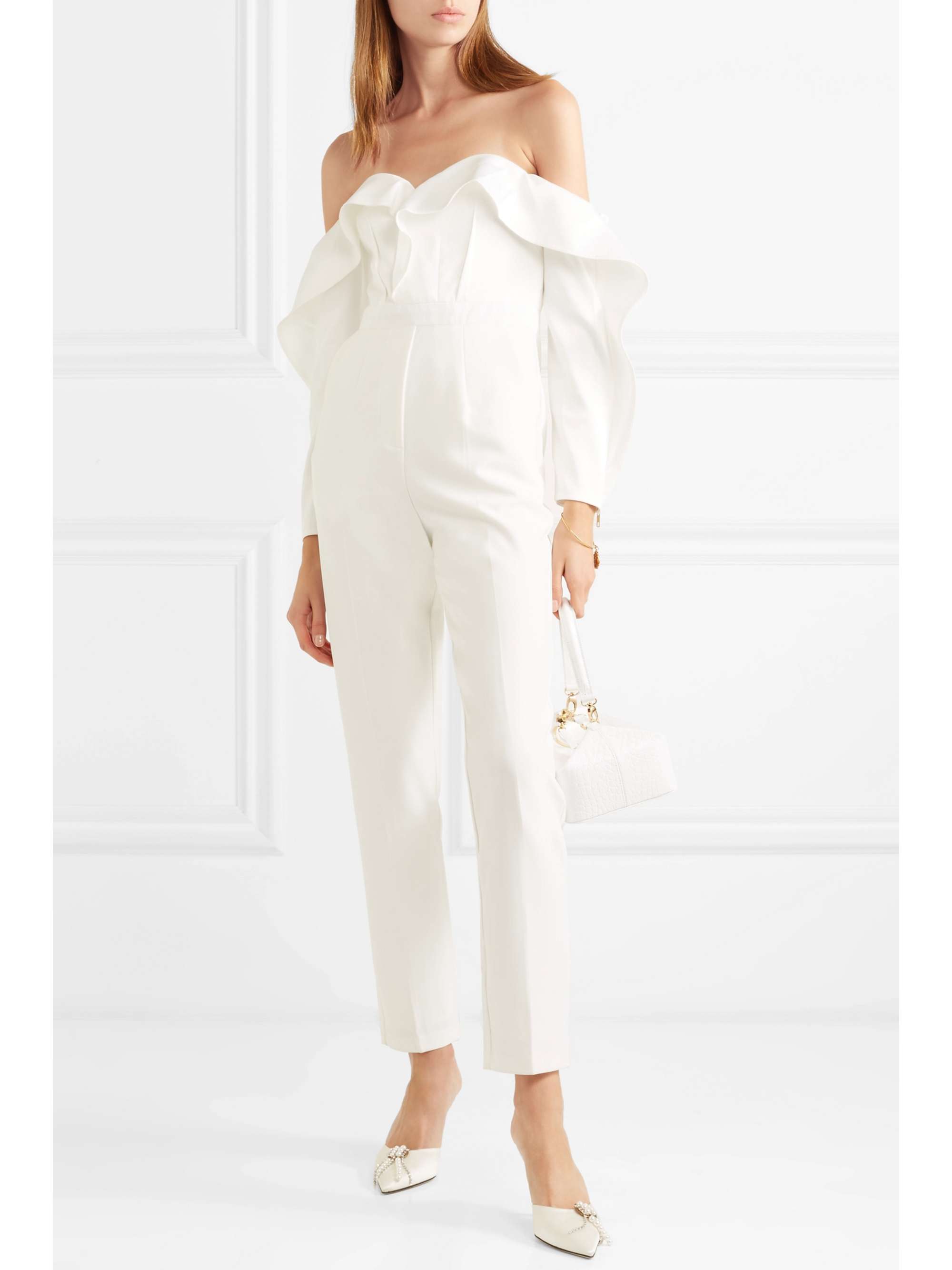 off the shoulder white jumpsuit