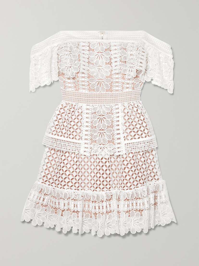 Self-Portrait Off-the-shoulder Guipure Lace Mini Dress