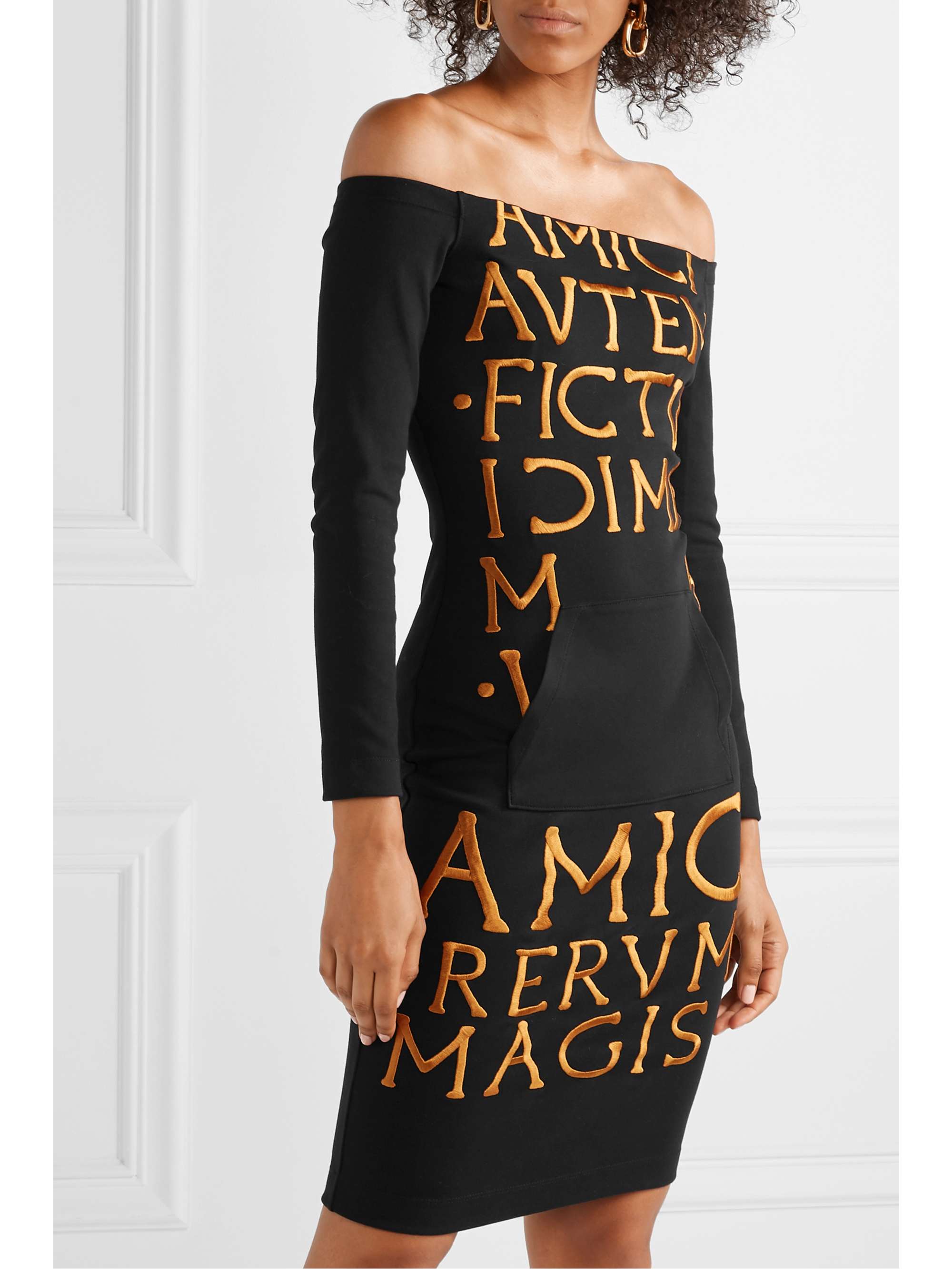 MOSCHINO Off-the-shoulder embroidered cotton-blend jersey mini dress