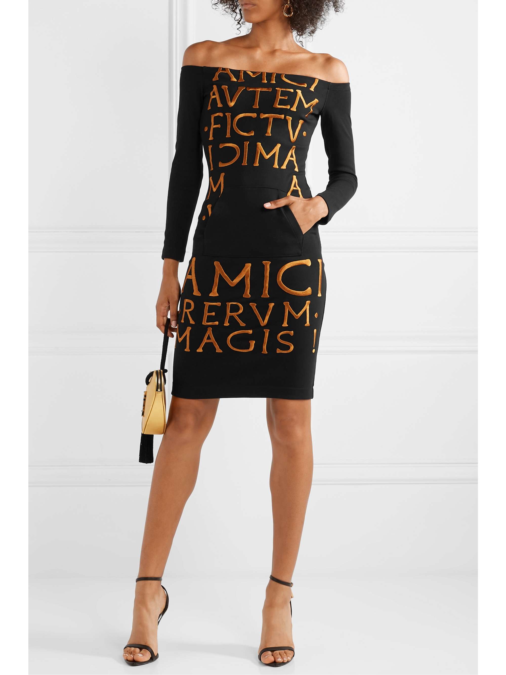 MOSCHINO Off-the-shoulder embroidered cotton-blend jersey mini dress