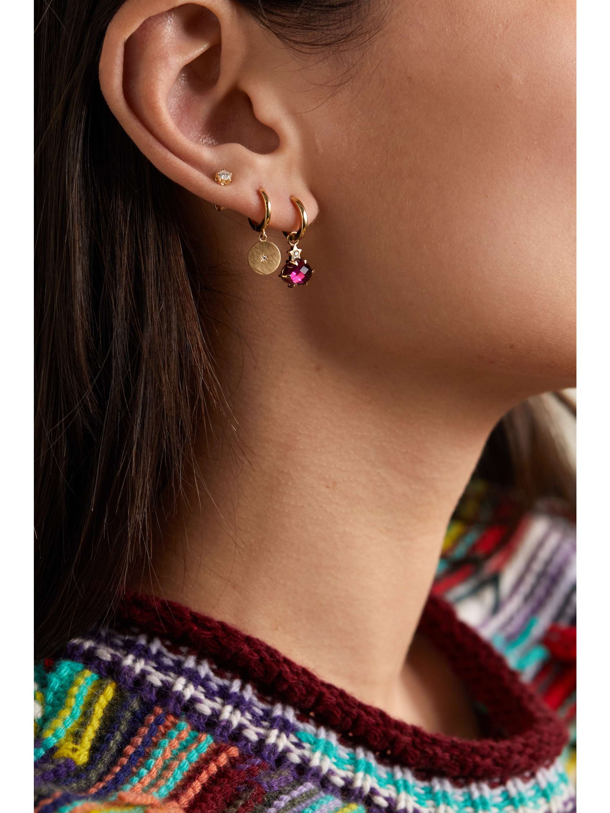 ANDREA FOHRMAN Mini Cosmo 14-karat gold, moonstone and diamond hoop earrings