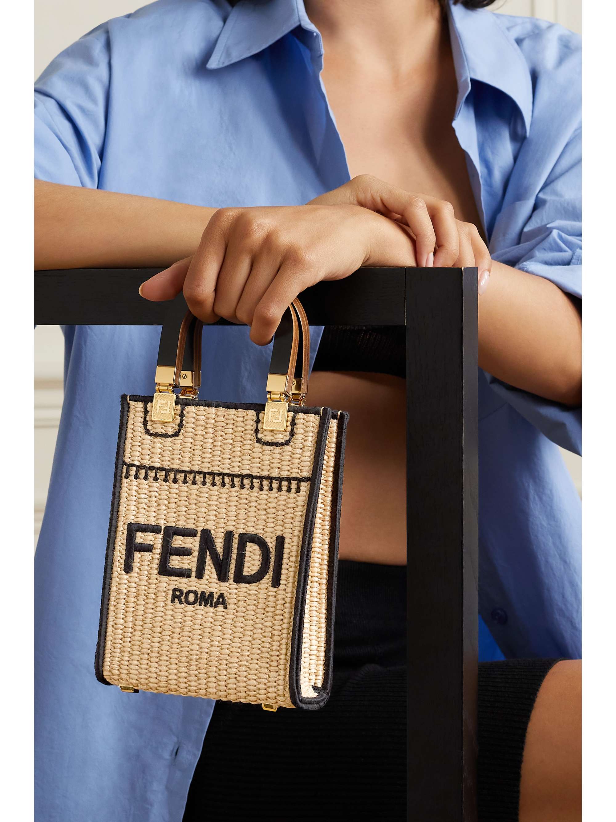 Neutral Sunshine mini leather-trimmed embroidered straw tote | FENDI | NET-A-PORTER