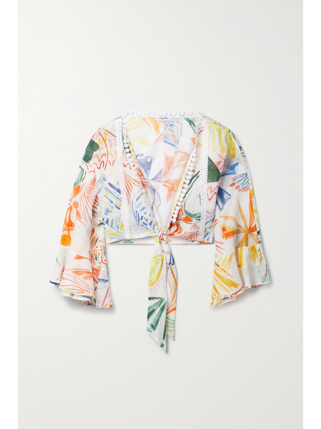 Charo Ruiz Olga Cropped Embroidered Printed Cotton-blend Voile Top - White