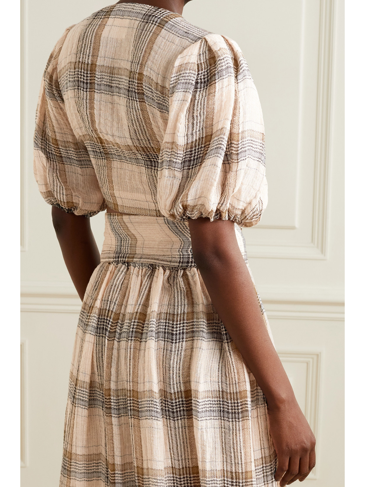 + Net Sustain Pouf Cropped Tie-Front Checked Linen-Blend Gauze Top