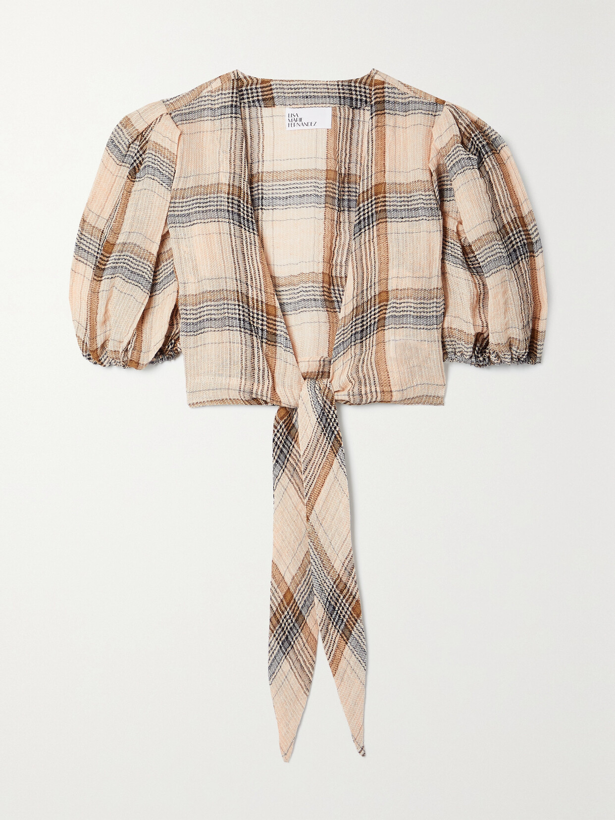 Lisa Marie Fernandez + Net Sustain Pouf Cropped Tie-front Checked Linen-blend Gauze Top In Orange