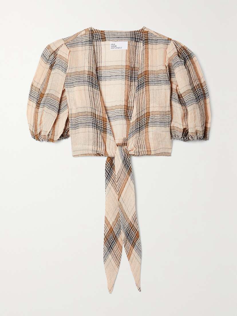 Lisa Marie Fernandez + Net Sustain Pouf Cropped Tie-front Checked Linen-blend Gauze Top