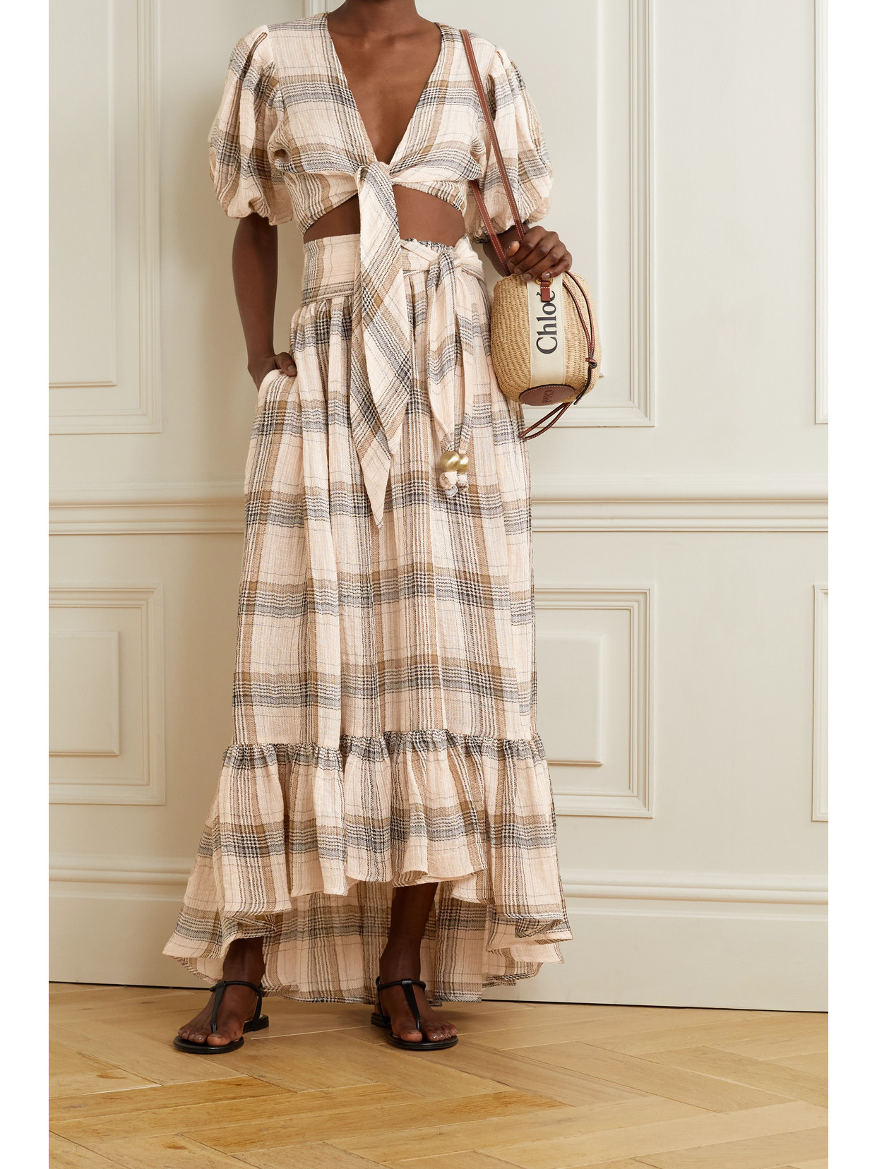 + Net Sustain Pouf Cropped Tie-Front Checked Linen-Blend Gauze Top