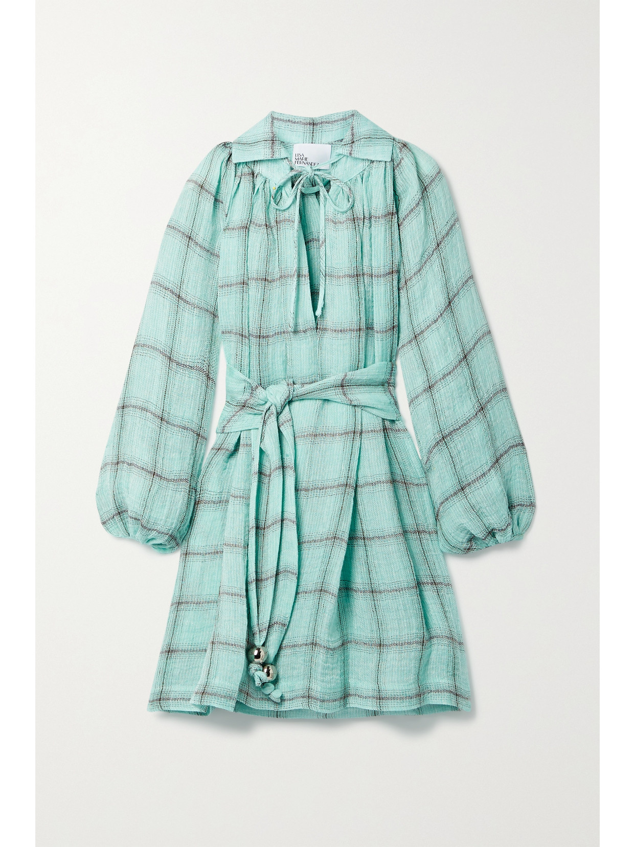 LISA MARIE FERNANDEZ + NET SUSTAIN POET BELTED CHECKED LINEN-BLEND GAUZE MINI DRESS