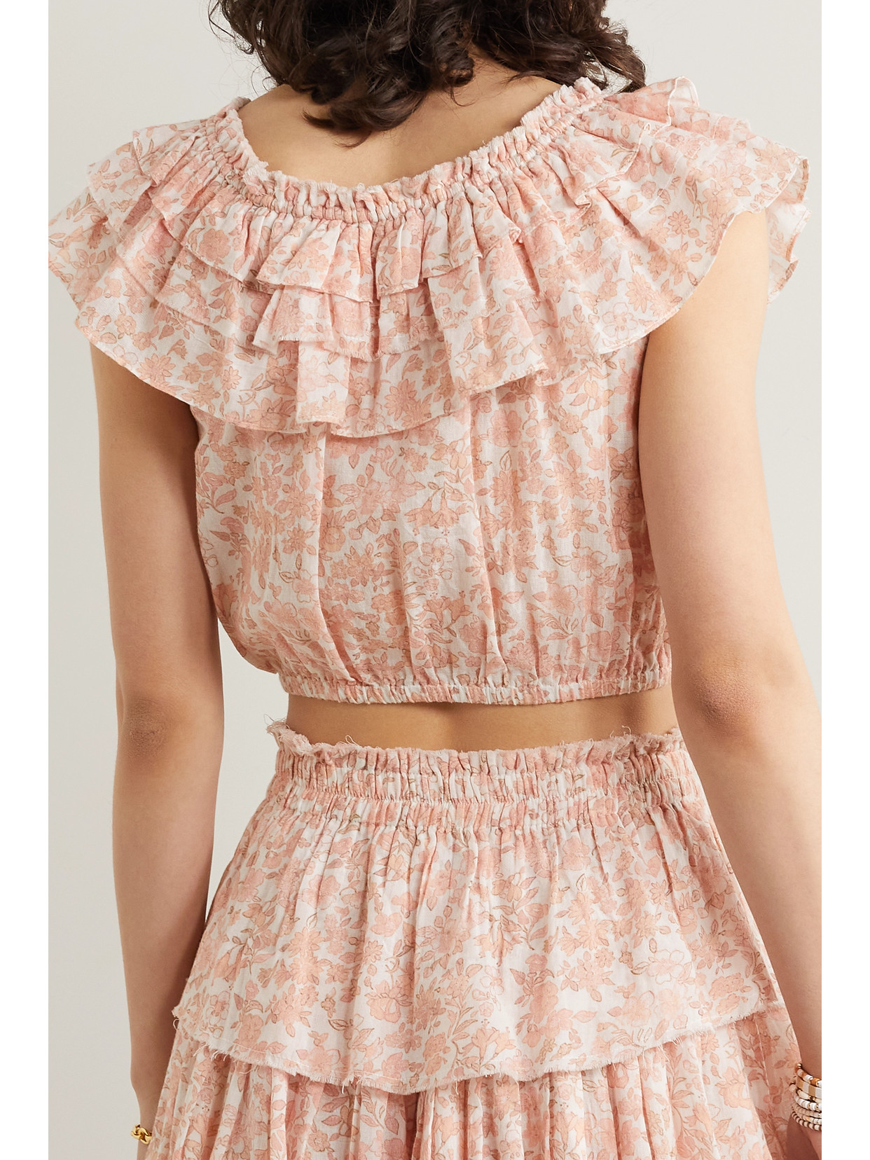 Loveshackfancy Dorin Cropped Ruffled Floral-print Cotton-voile Top In Orange