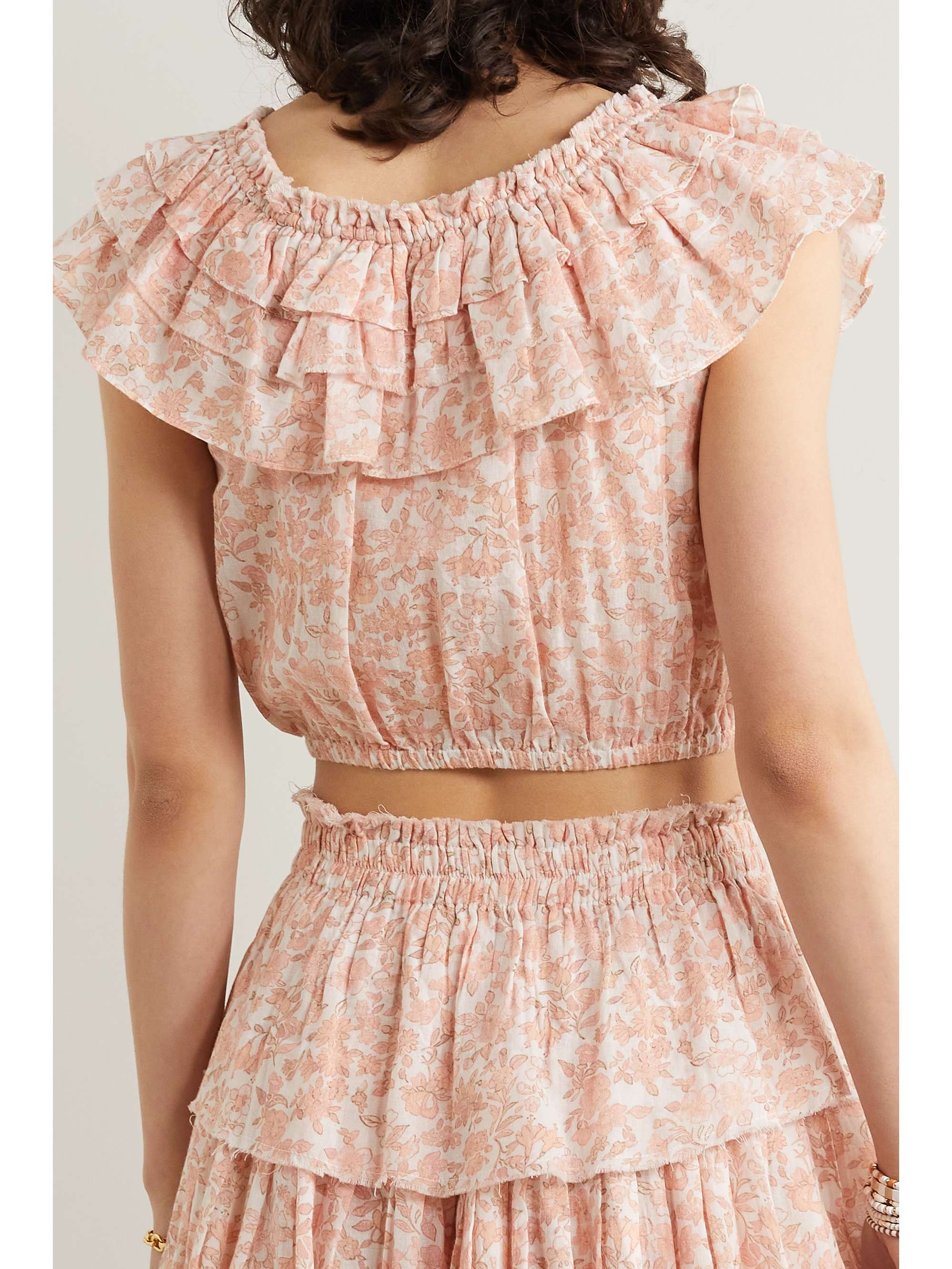 LOVESHACKFANCY Dorin cropped ruffled floral-print cotton-voile top