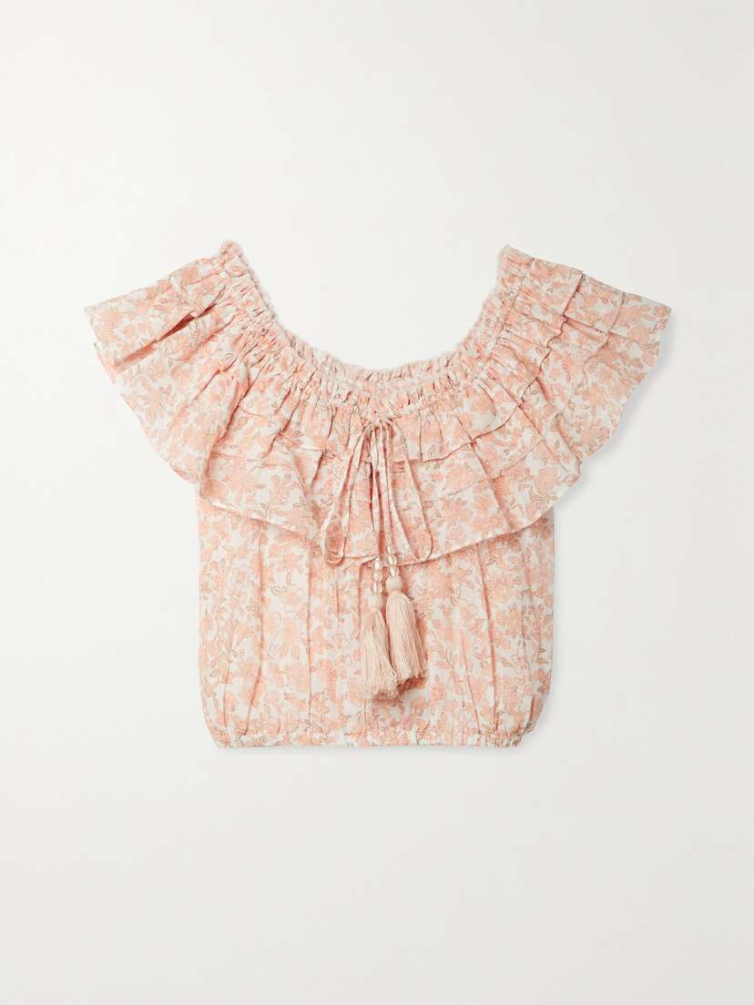 LoveShackFancy Dorin Cropped Ruffled Floral-print Cotton-voile Top