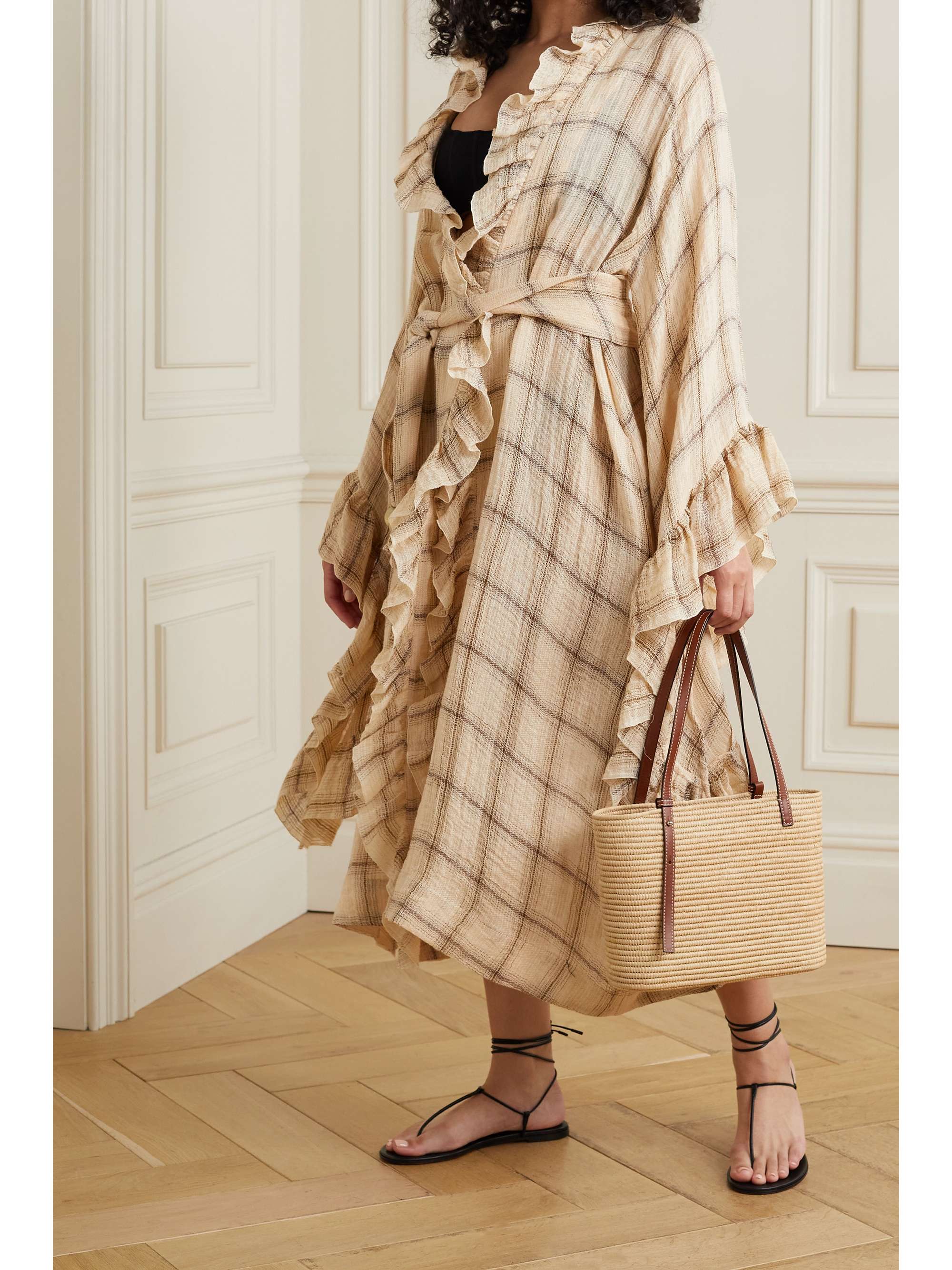 LISA MARIE FERNANDEZ + NET SUSTAIN Anita ruffled checked linen-blend gauze robe