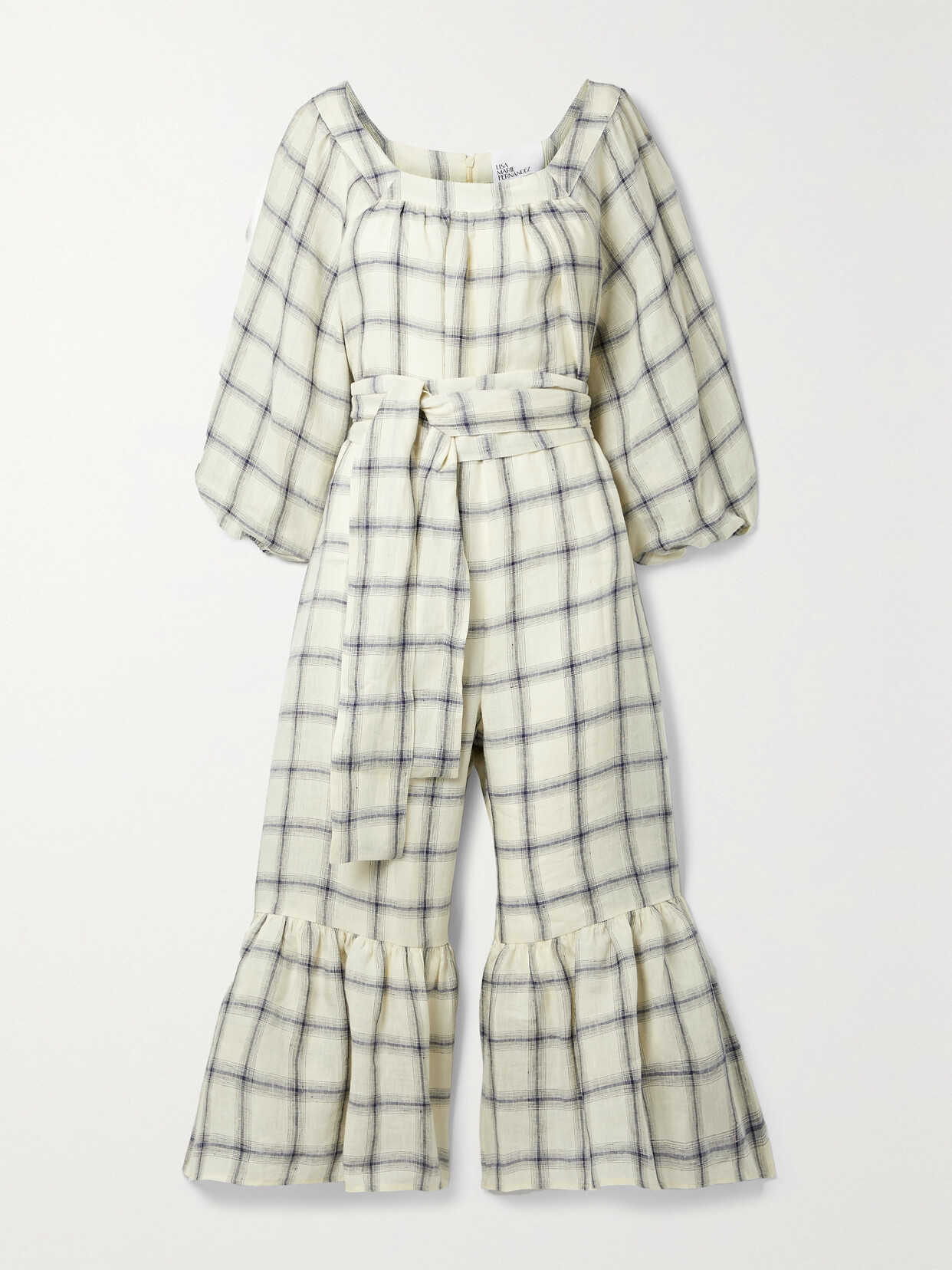 LISA MARIE FERNANDEZ + NET SUSTAIN LAURE BELTED CHECKED LINEN JUMPSUIT