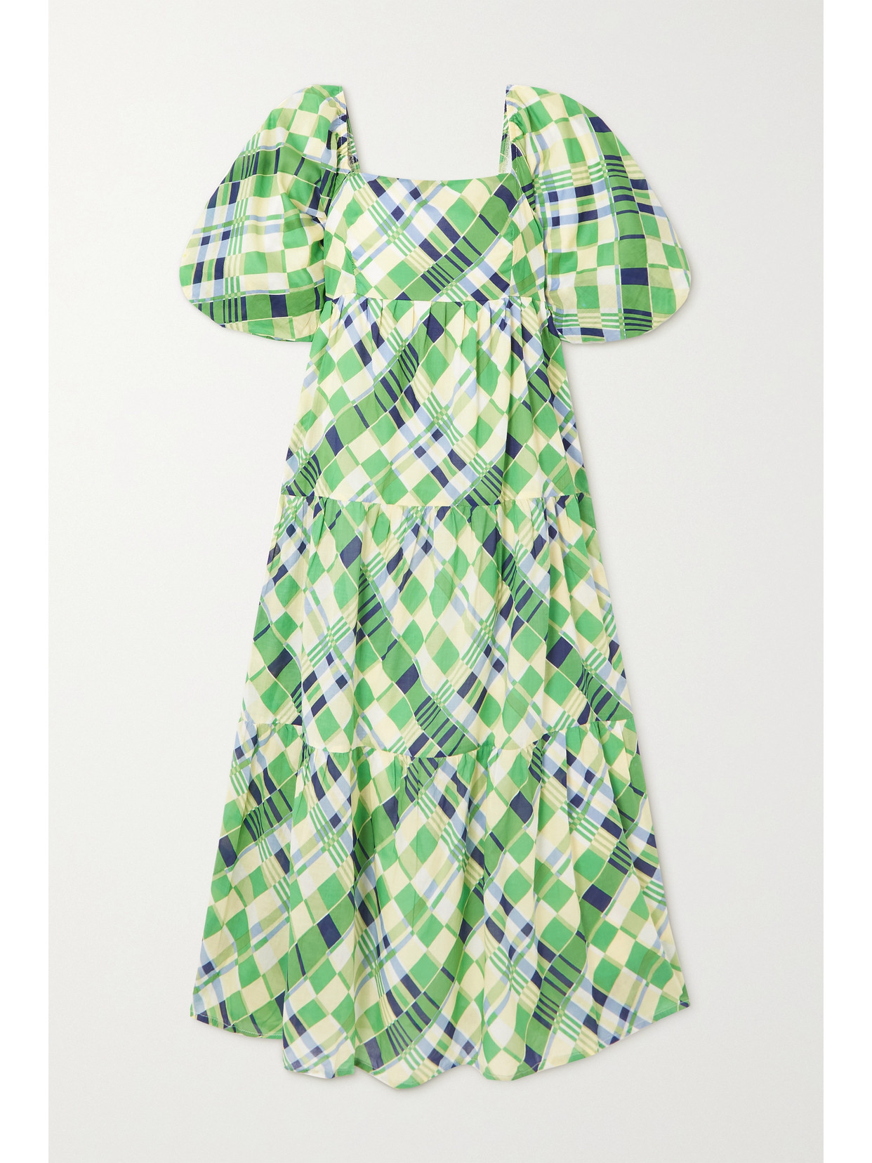 Faithfull The Brand - + Net Sustain Falabelle Tiered Checked Cotton-poplin Midi Dress - Green