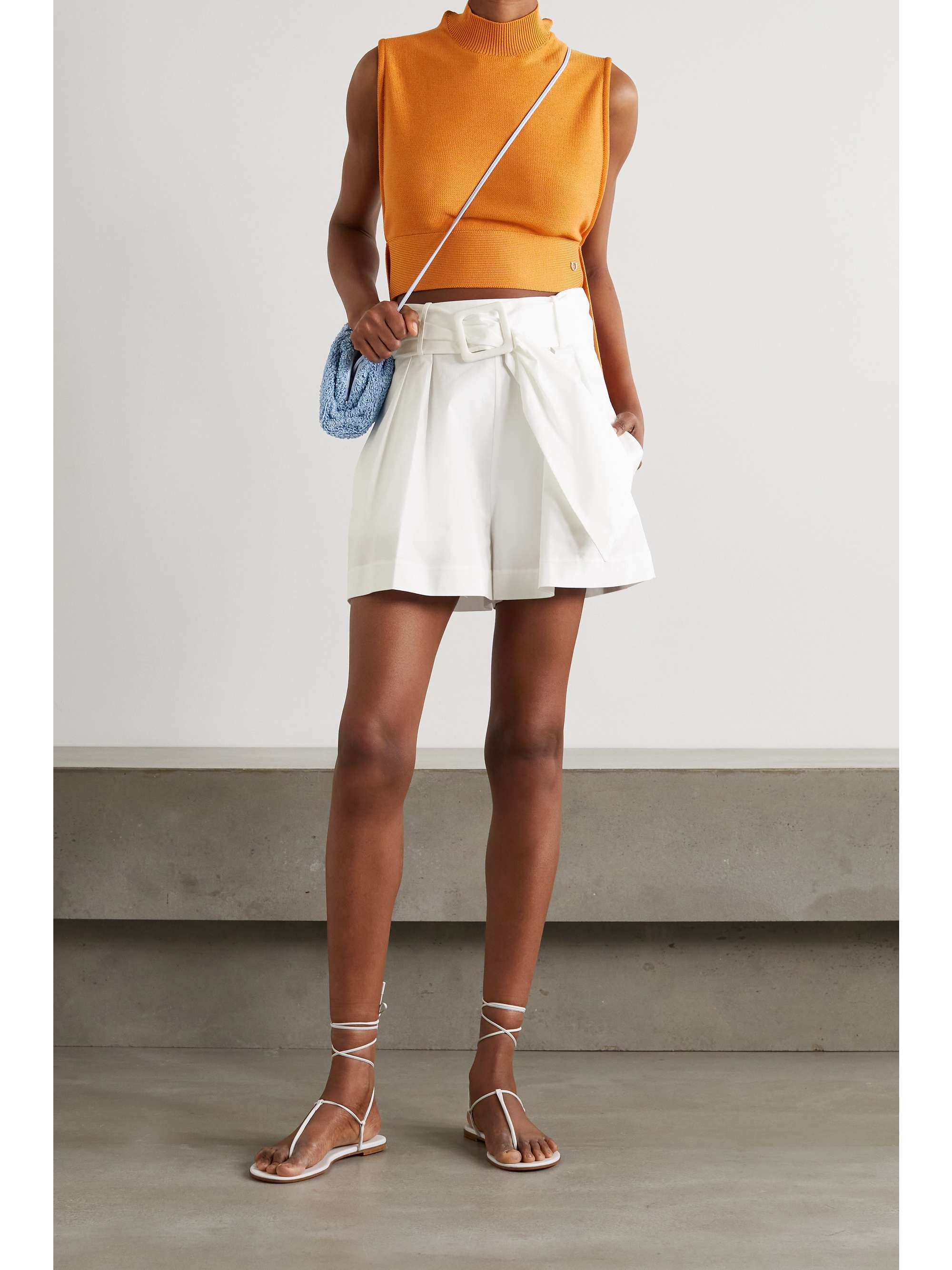 White Belted pleated stretch-cotton 