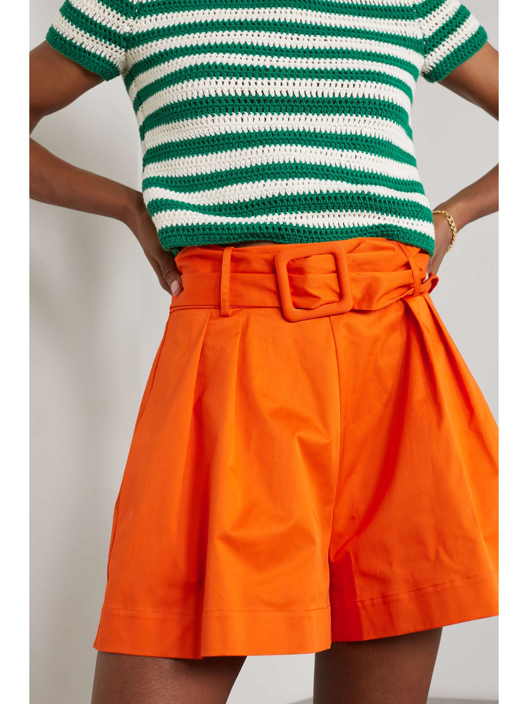 OSCAR DE LA RENTA Belted pleated stretch-cotton twill shorts