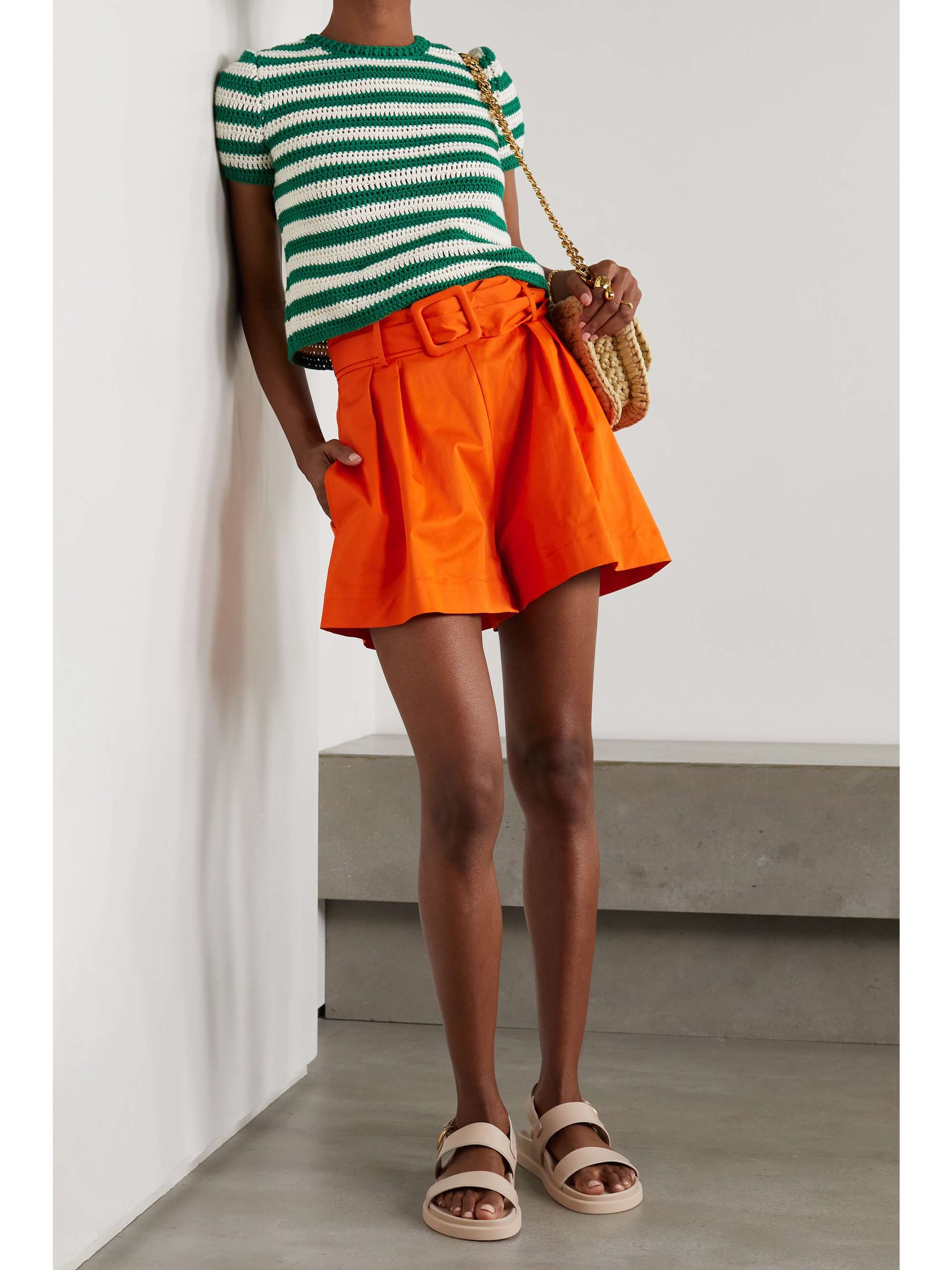 OSCAR DE LA RENTA Belted pleated stretch-cotton twill shorts