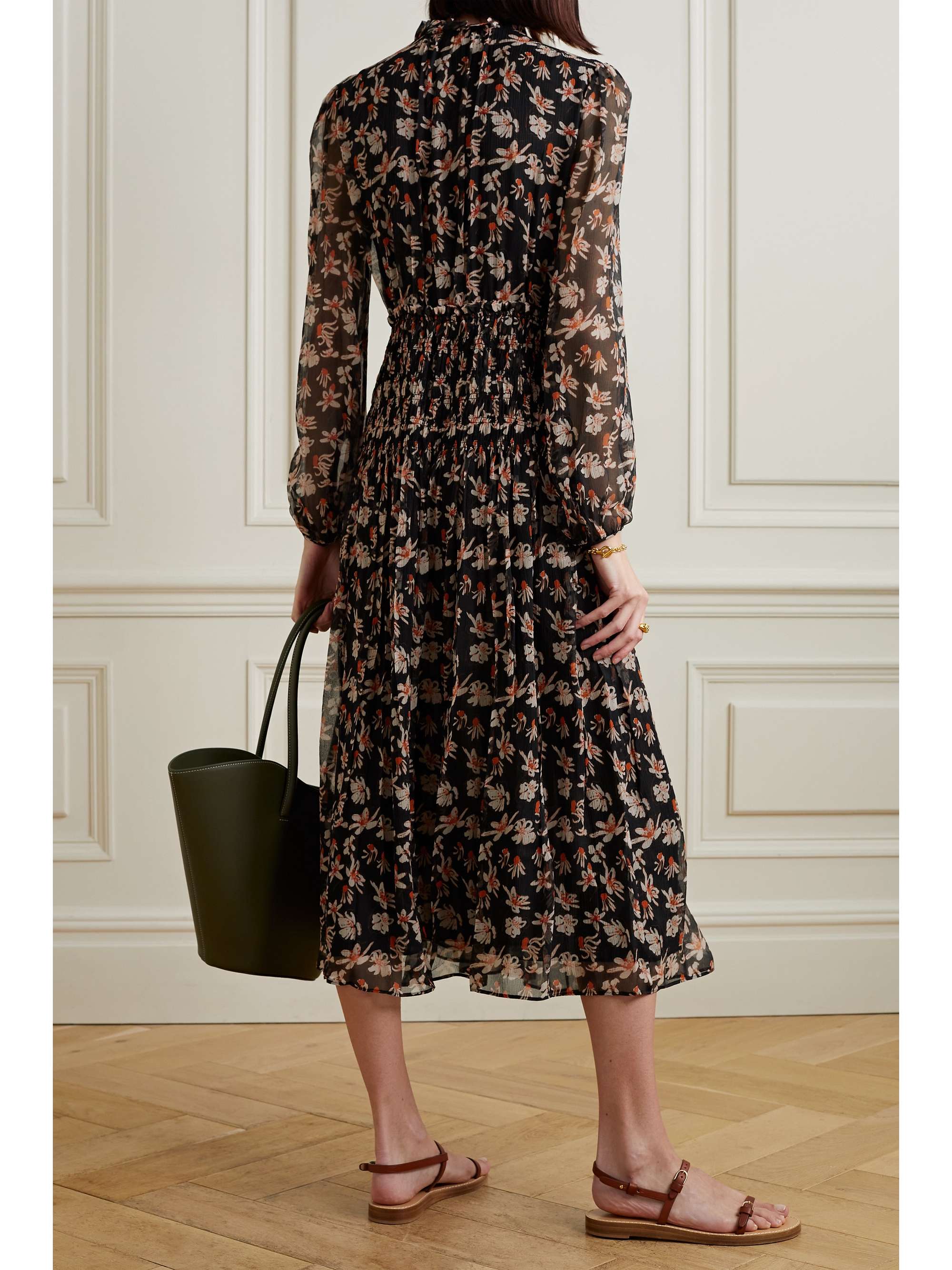 Black Shirred floral-print silk-crepon 