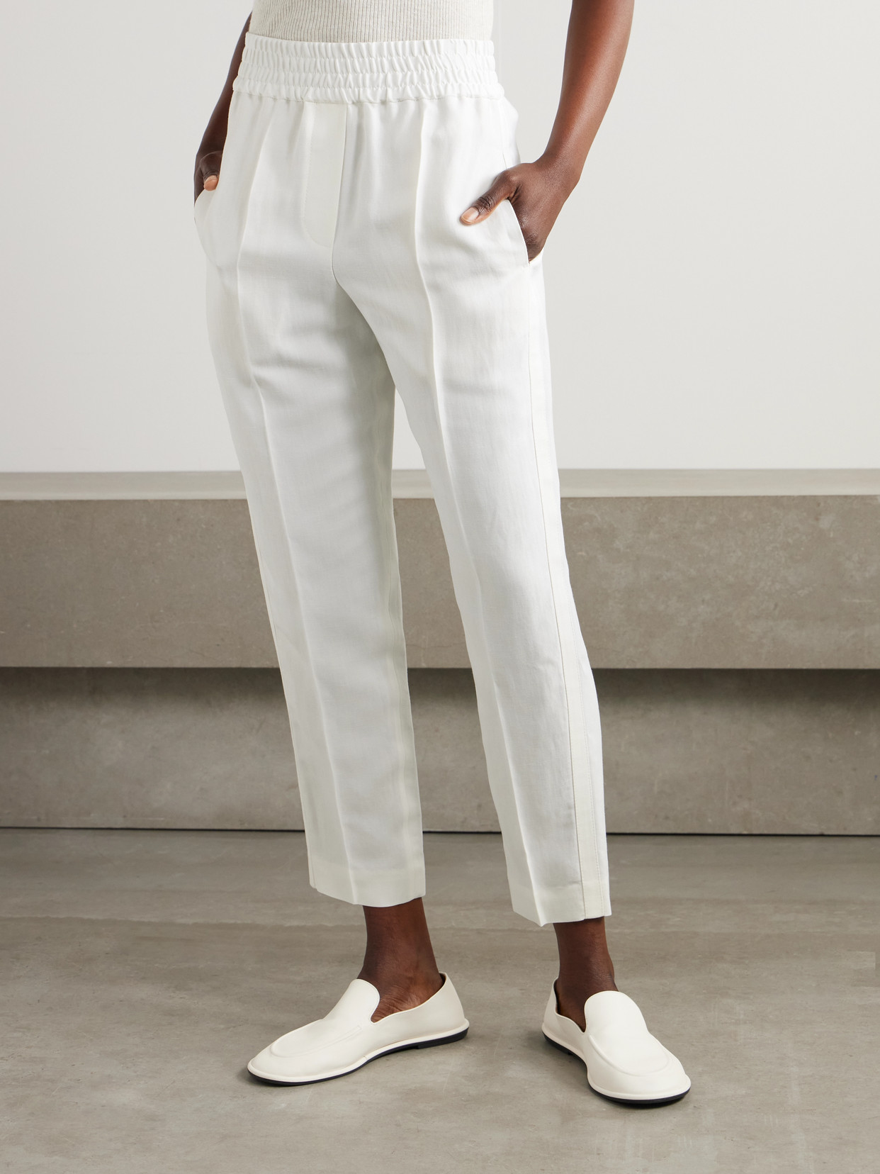 Shop Brunello Cucinelli Cropped Woven Tapered Pants In Off-white