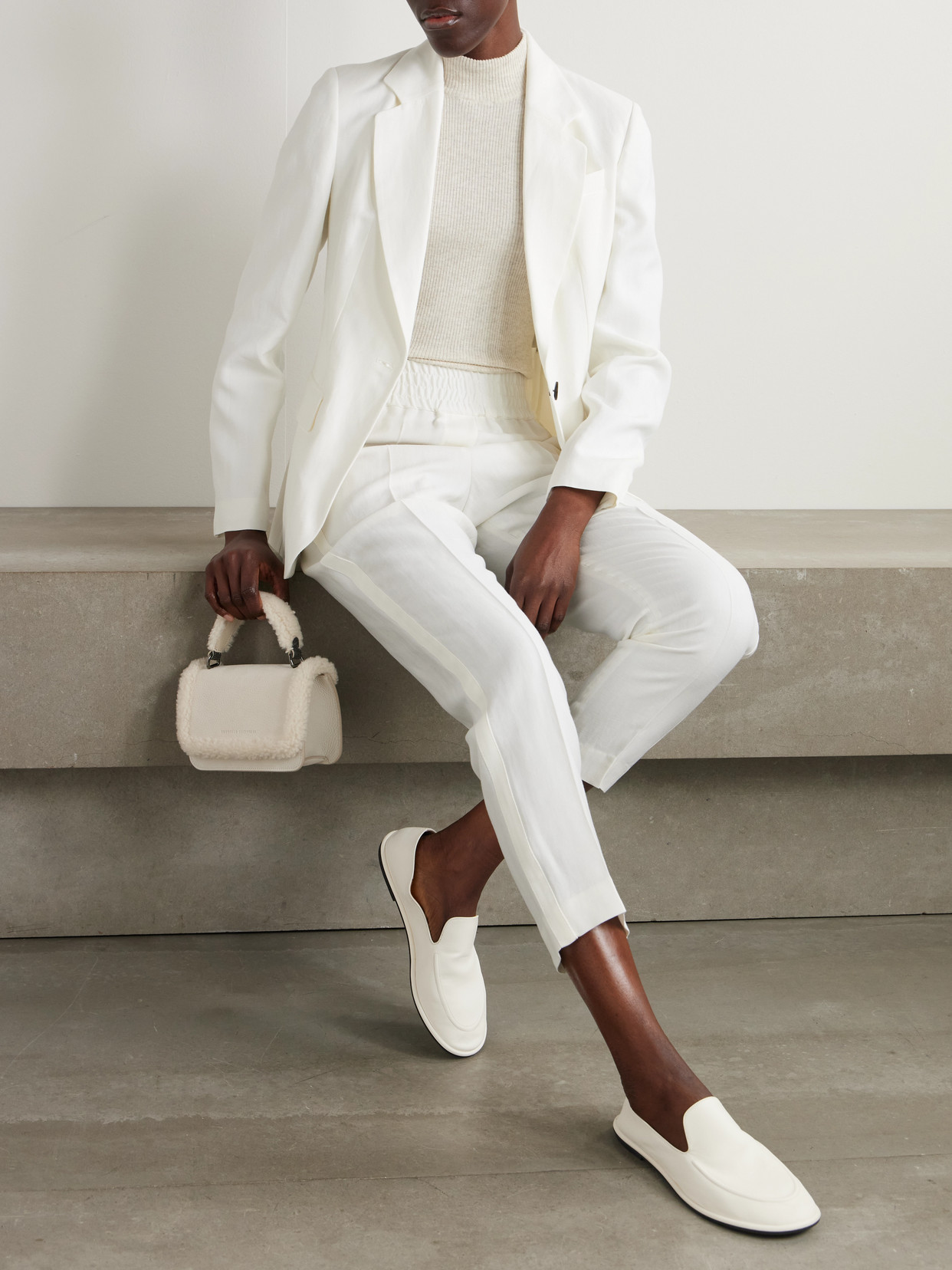 Shop Brunello Cucinelli Cropped Woven Tapered Pants In Off-white